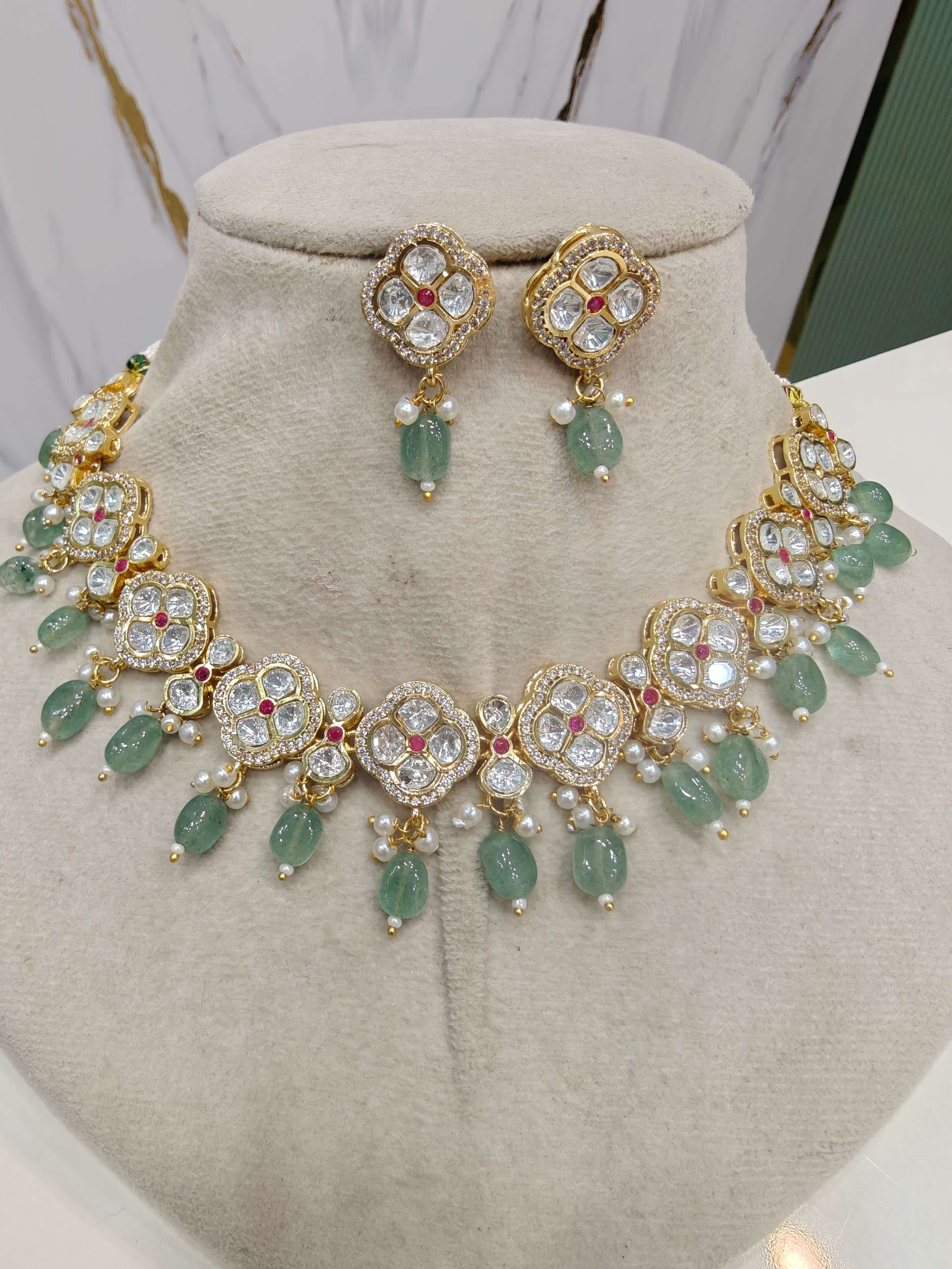 Anvesha Tyani Kundan Necklace Set- Mint Green
