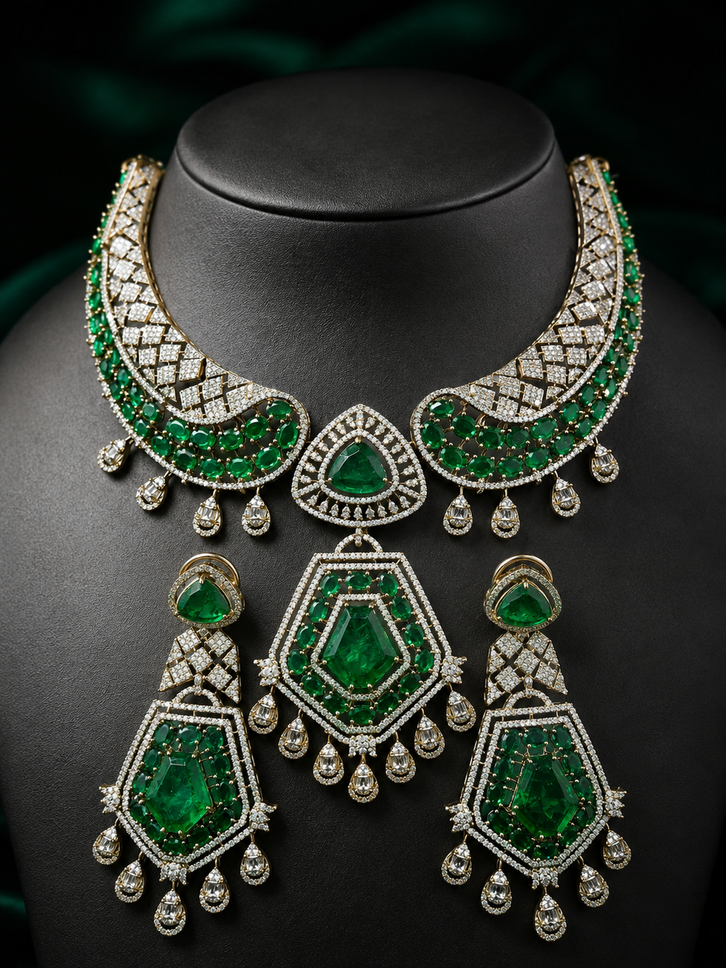 Kashish Doublet CZ Statement Designer Necklace Set- Rama Green