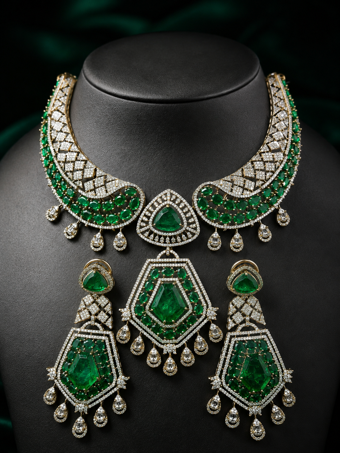 Kashish Doublet CZ Statement Designer Necklace Set- Rama Green