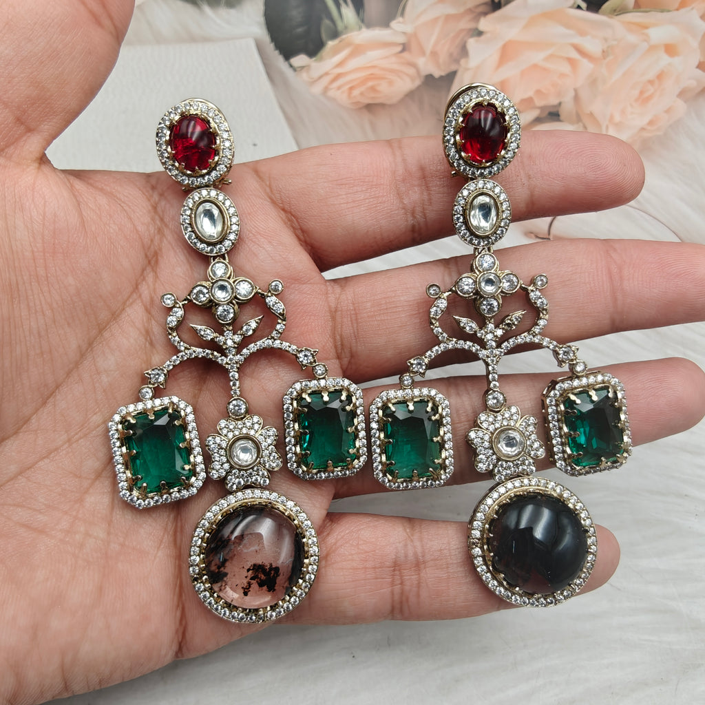 Isha Sabyasachi Inspired Gemstone Earrings- Rama Green Black
