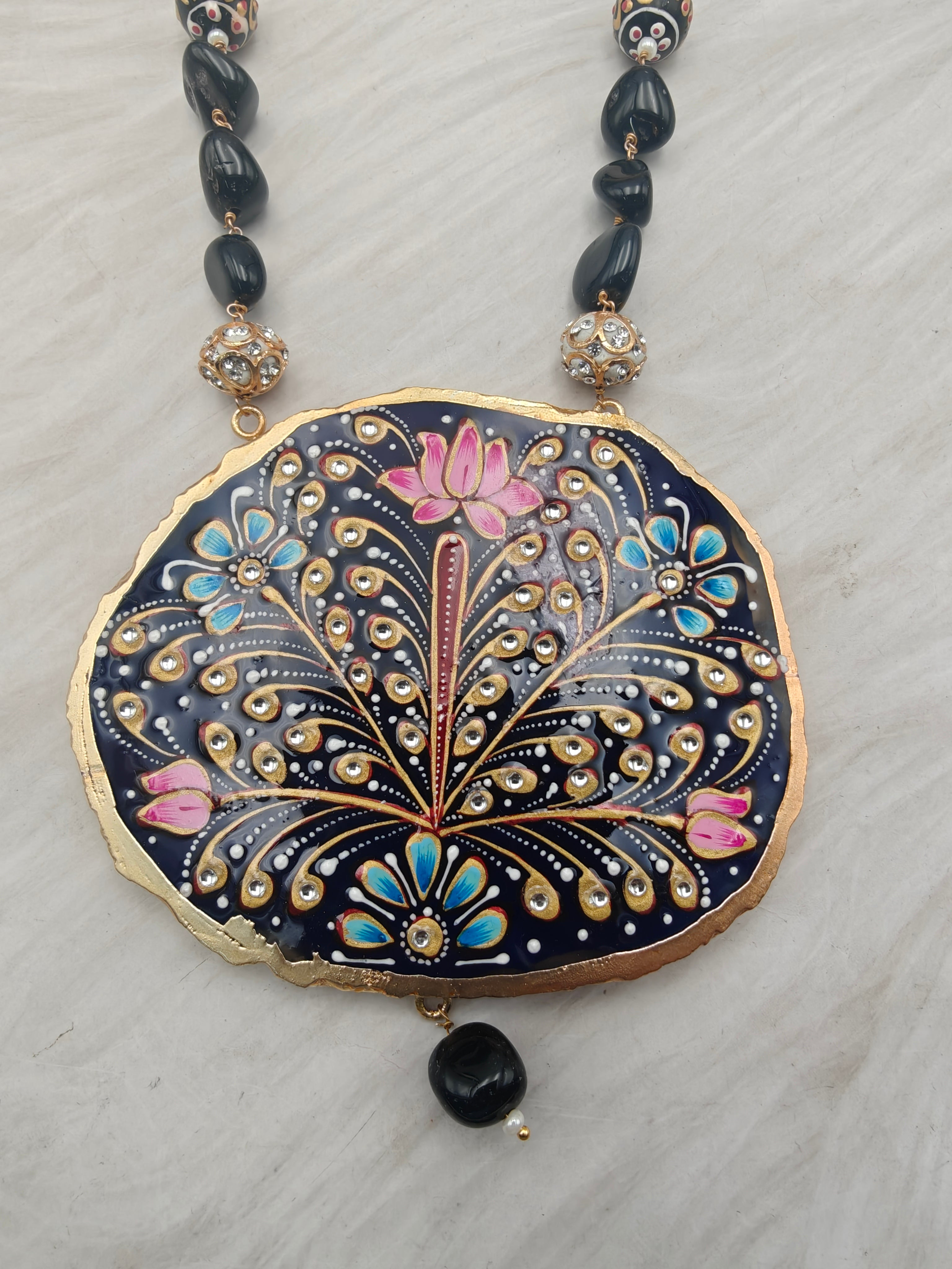 Tanjore Natural Stone Necklace Set - Black