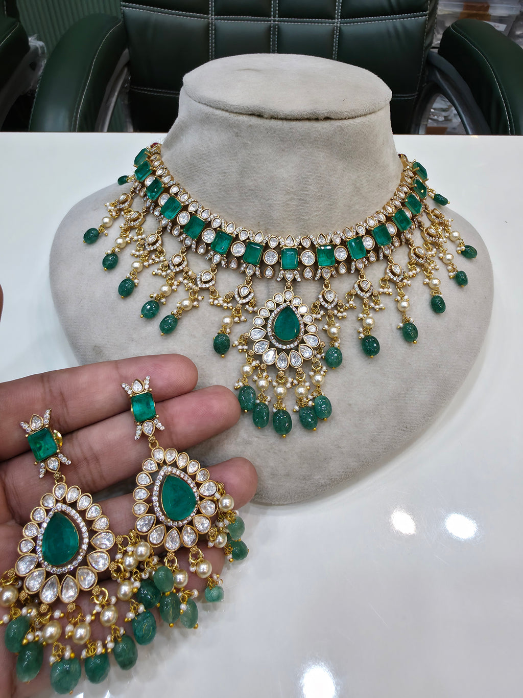 Vaishnavi Moissanite Polki Choker Necklace Set- Green