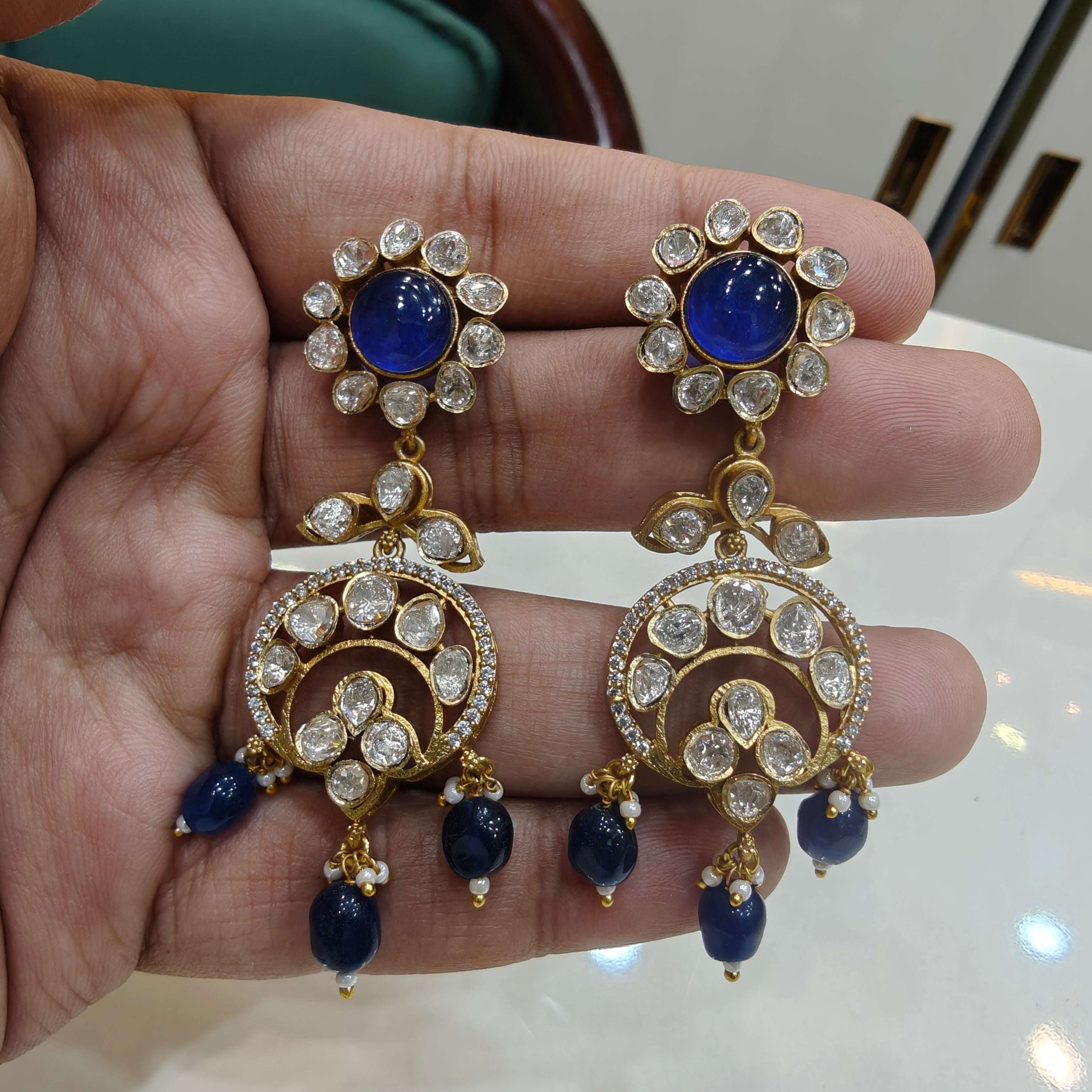 Damini Uncut Moissanite LB shade Chandbali Earrings- Blue