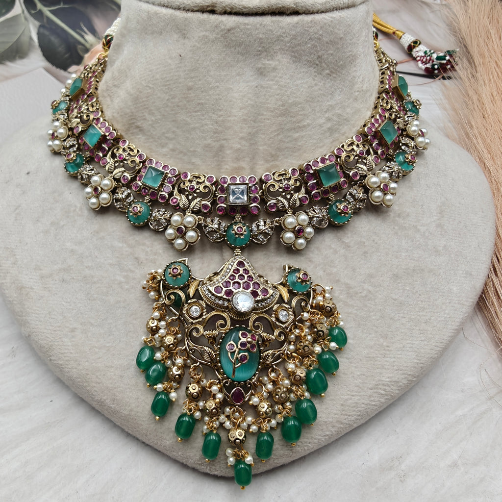Vandana Heritage Necklace Set- Mint n Ruby