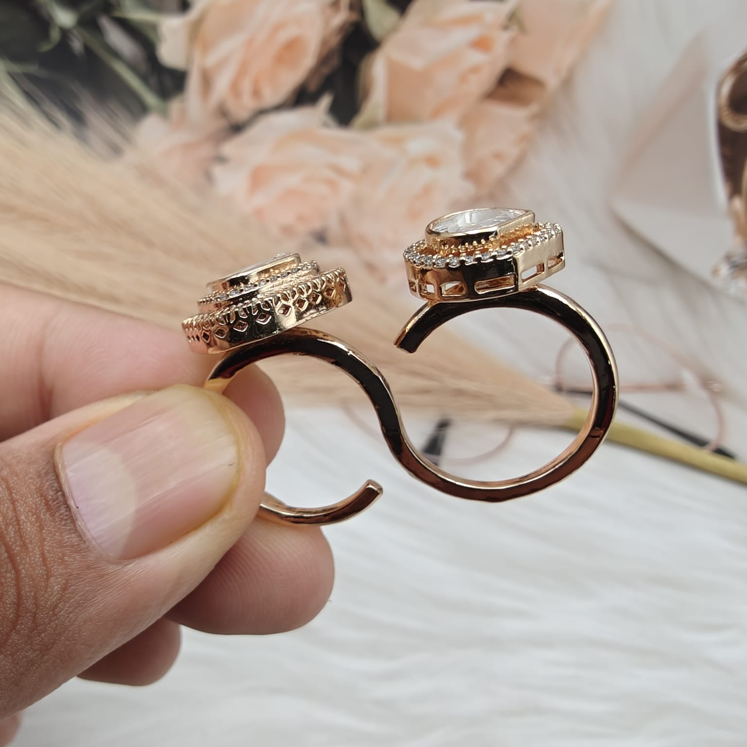 Saiyara Double Finger Uncut Polki Ring