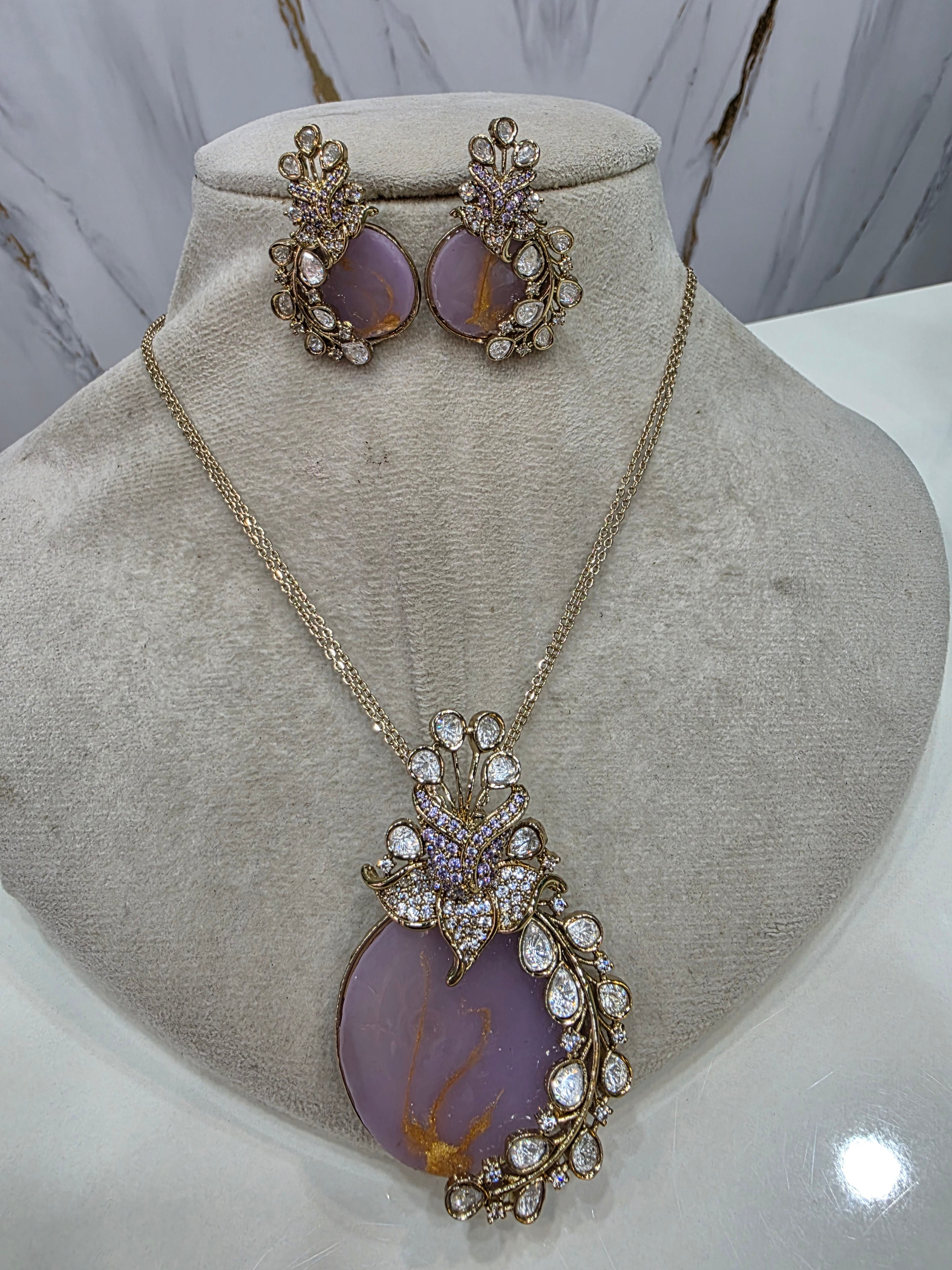 Raktika Natural Stone Statement Pendant Set- Lavender