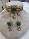 Inayat Doublet and Moissanite Choker Necklace Set- Green Pink