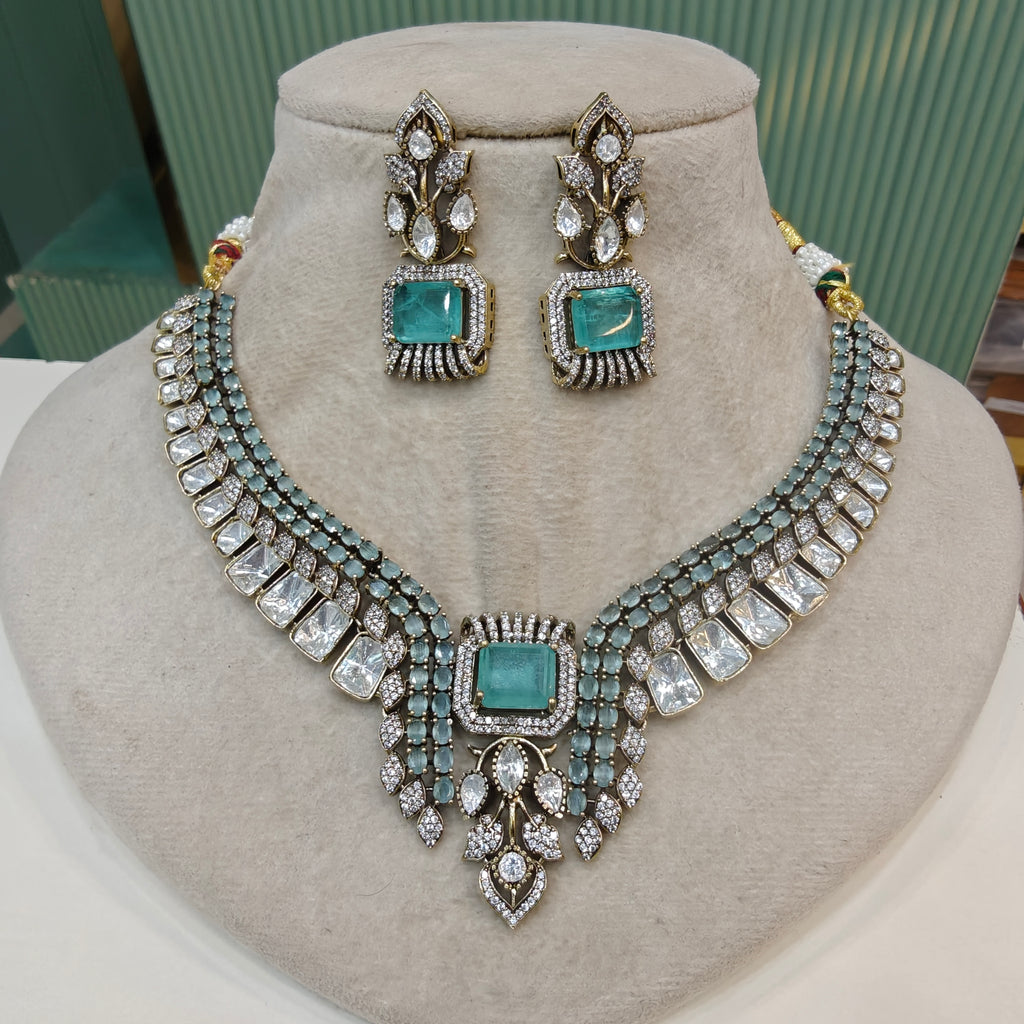 Silky Doublet and Uncut Polki Necklace Set- Aqua Green