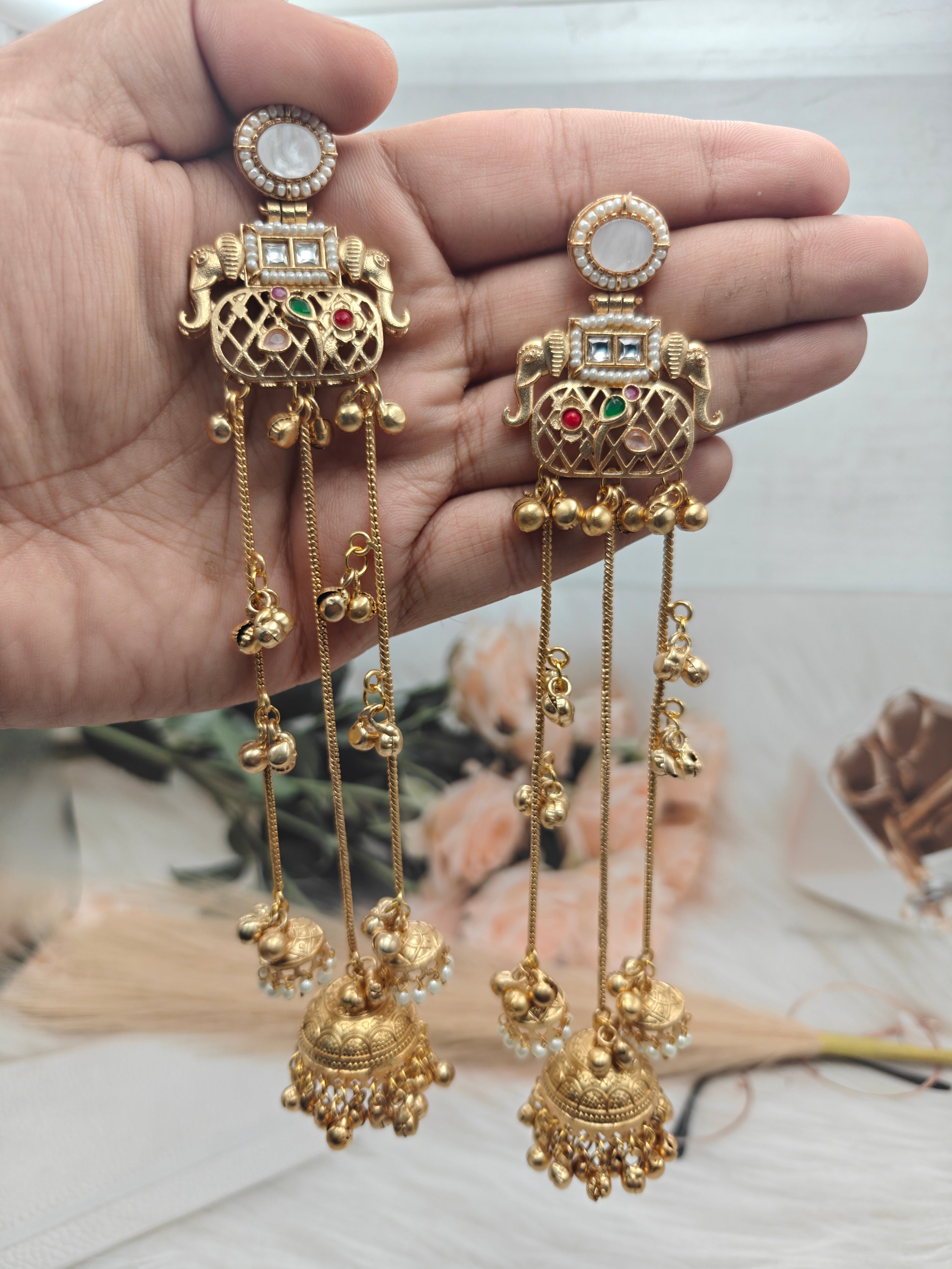 Gajja Kashmiri Brass Fusion Jhumki Earrings- White Multi
