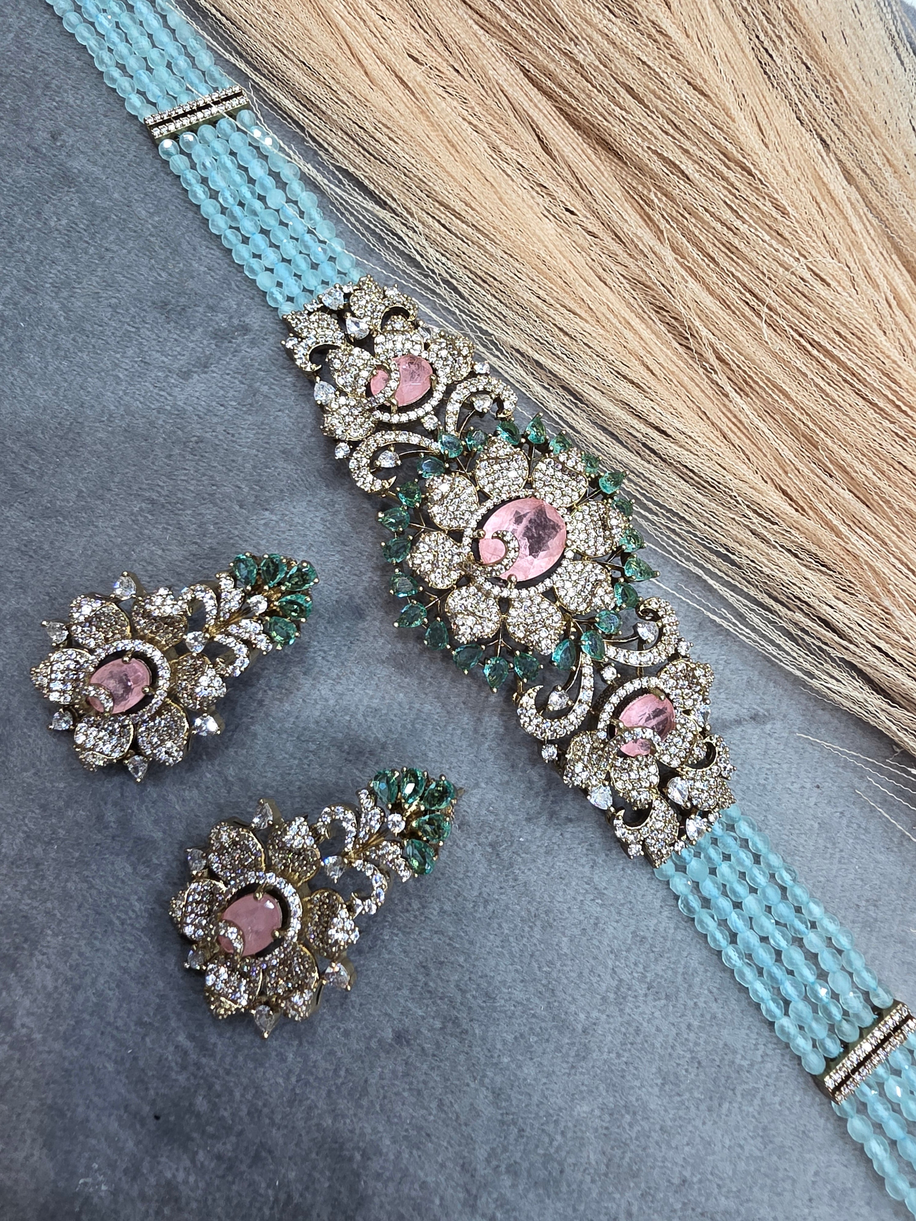 Aarfa Doublet and Hydro Choker Set- Aqua Blje and Pink