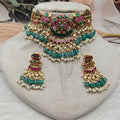 Kashvi Pachi Kundan Jadtar Necklace Set - Mint Green N Ruby