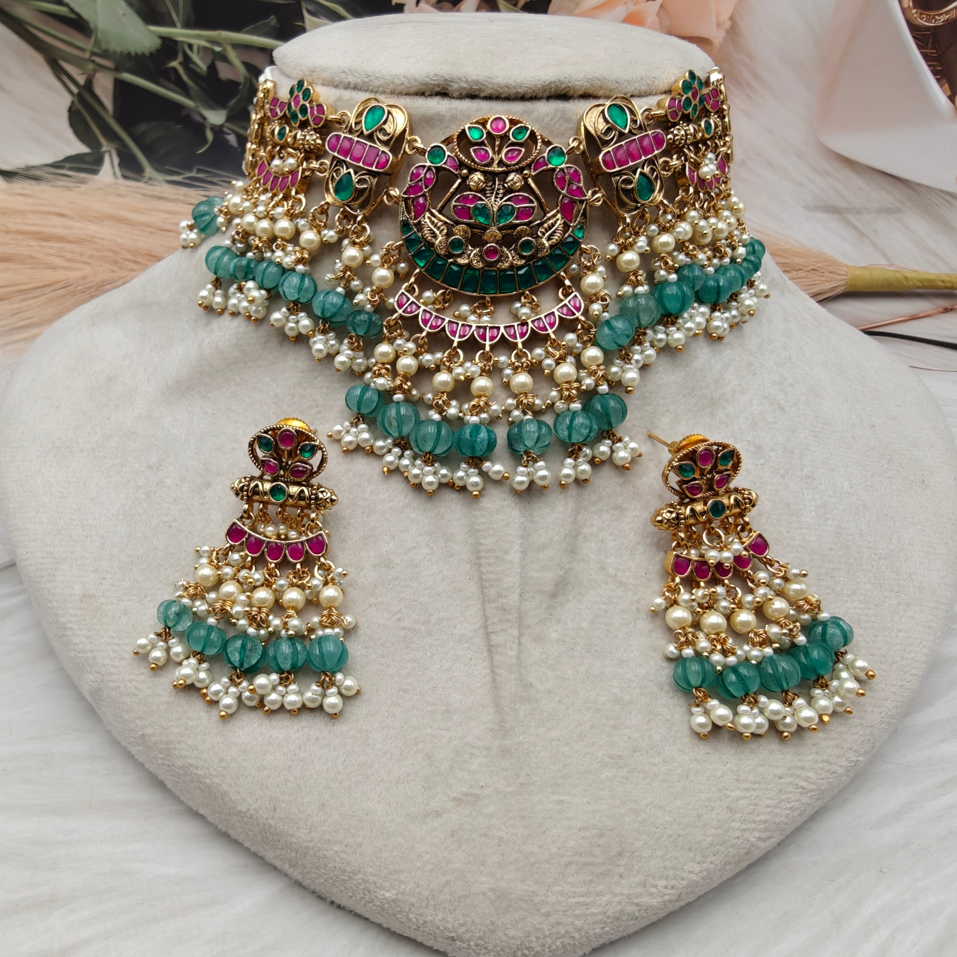 Kashvi Pachi Kundan Jadtar Necklace Set - Mint Green N Ruby