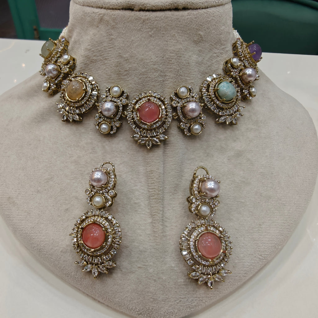 Shilpi Sabya Inspired Natural Stone Choker Necklace Set- Pastel Multi