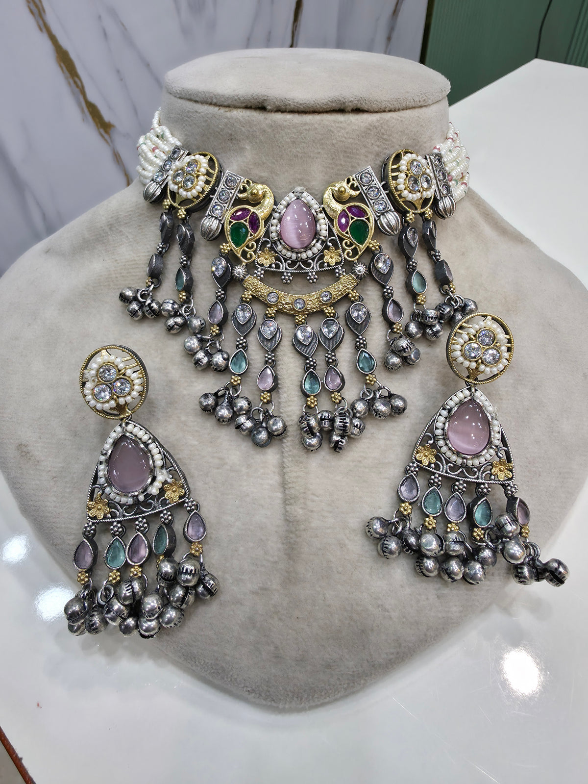 Shriyali Silver Oxidised Brass Choker Necklace Set- Pink Mint