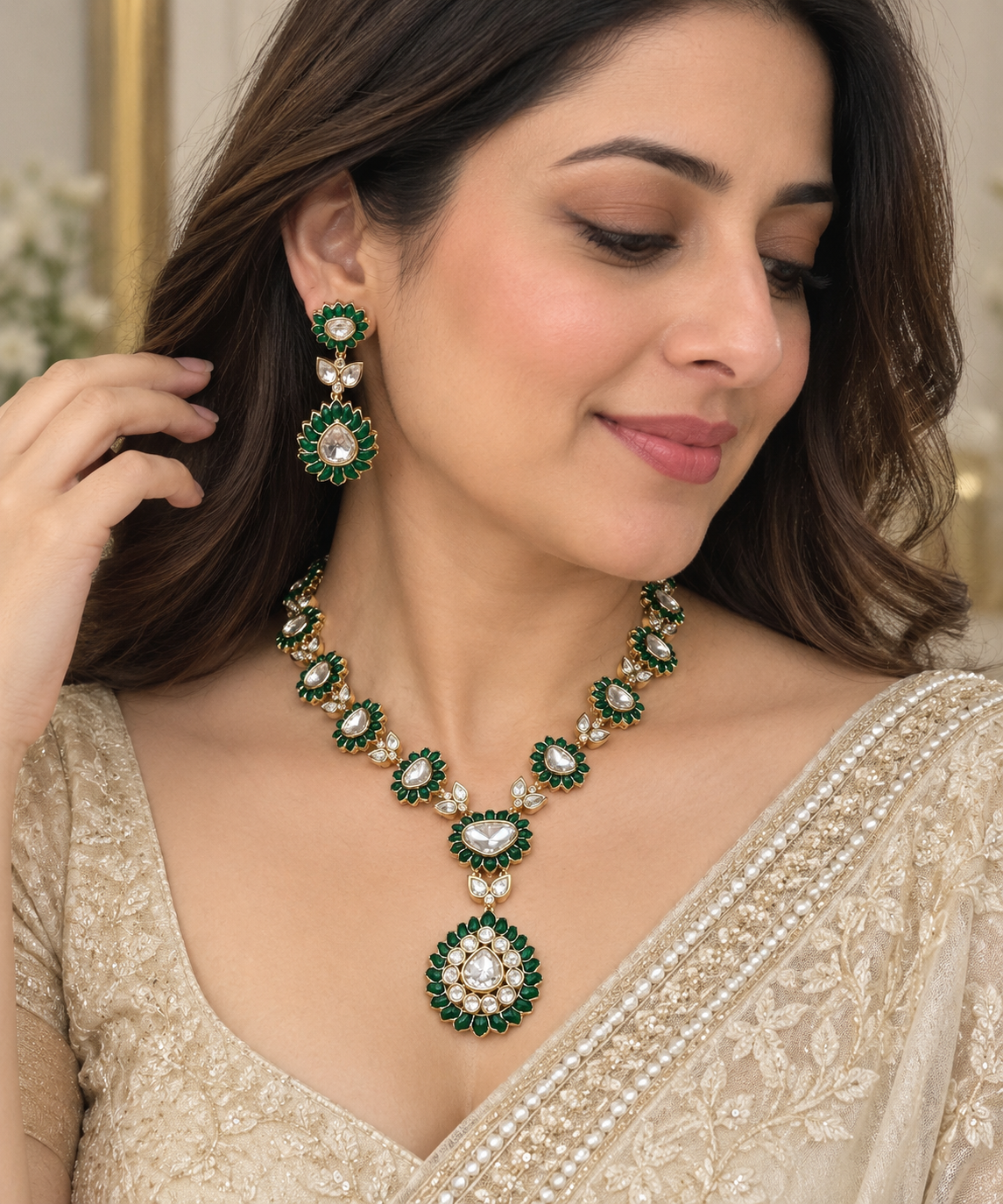 Yasmin Sunheri Moissanite Kundan Epoxy Necklace Set - Green