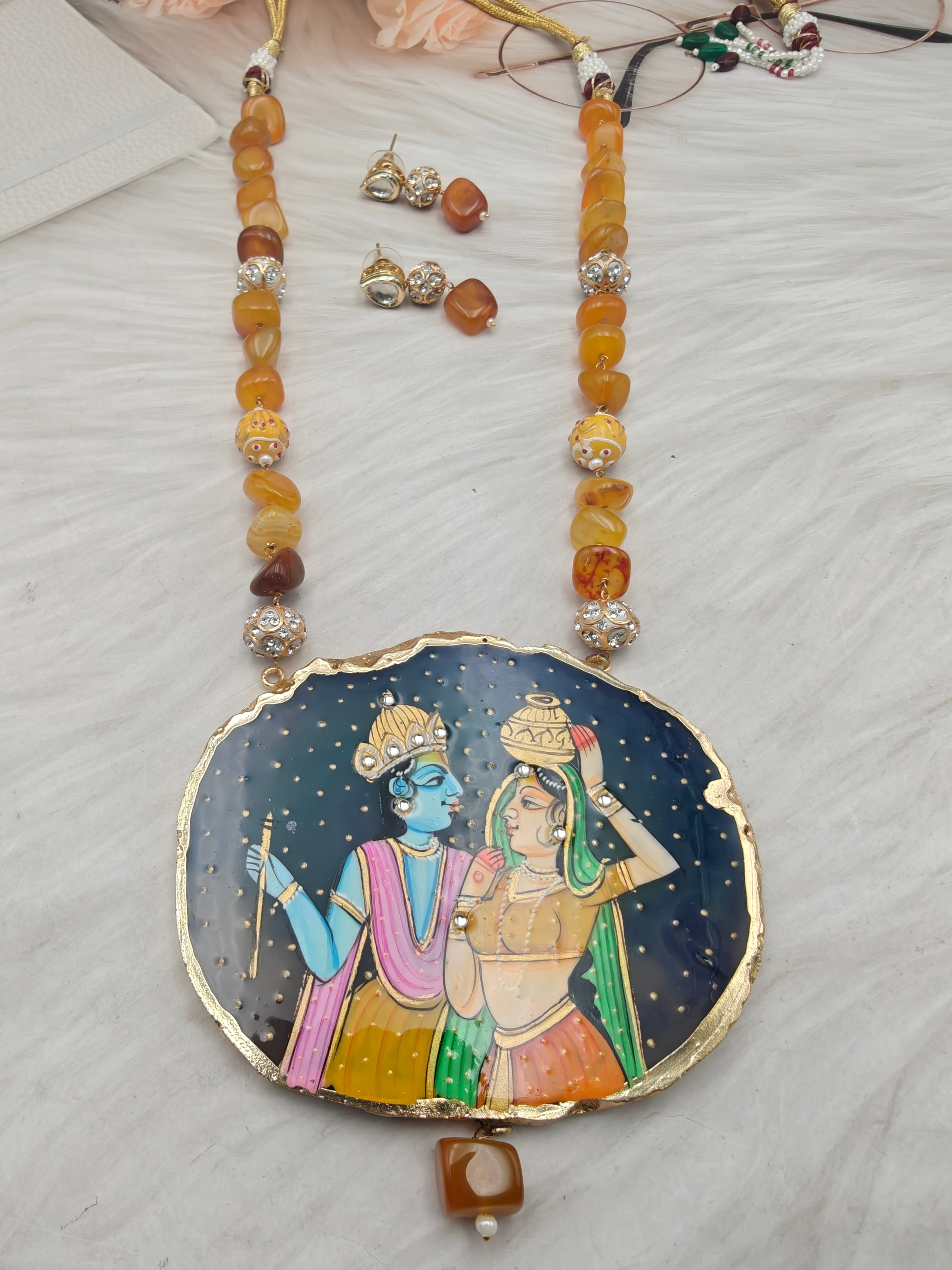 Radha Krishna Tanjore Natural Stone Necklace Set - Yellow