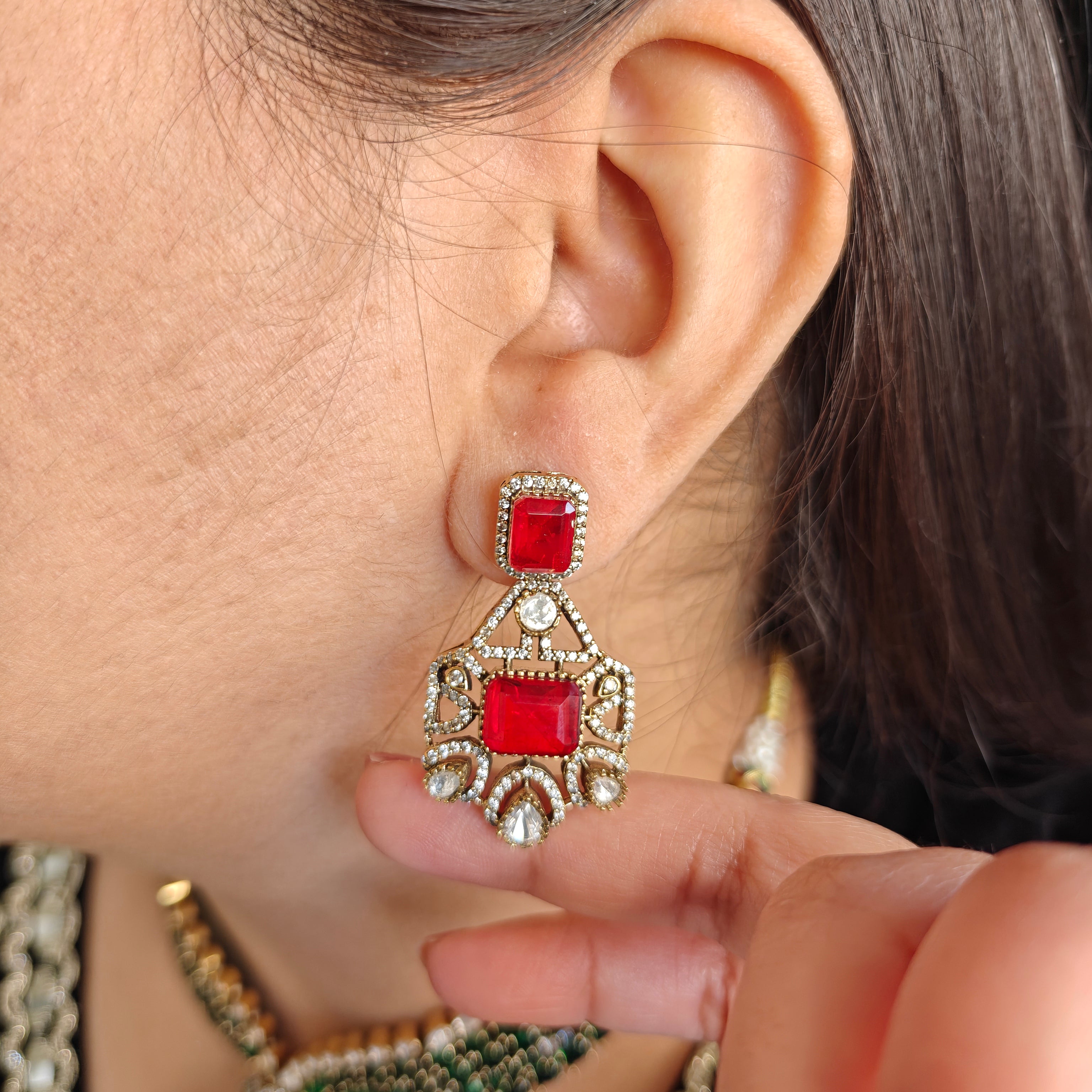 Rati Doublet and Moissanite Polki Choker Set- Green n Rec