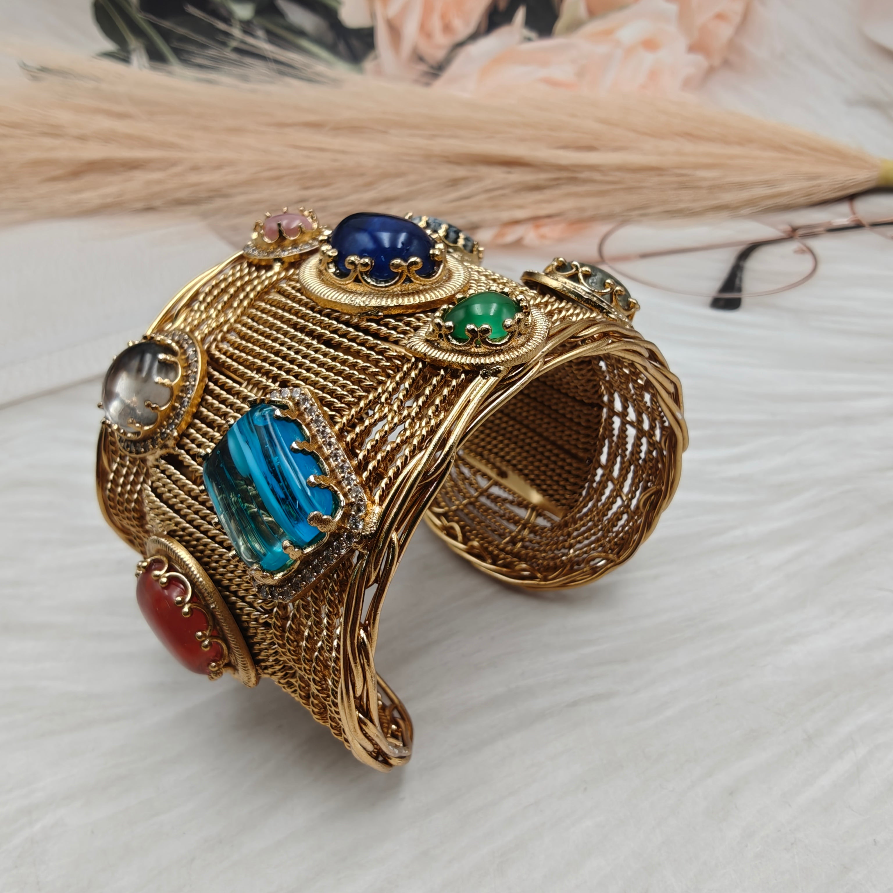 Sahiba Amrapali Brass Fusion Gemstone Handcuff- Blue Multi