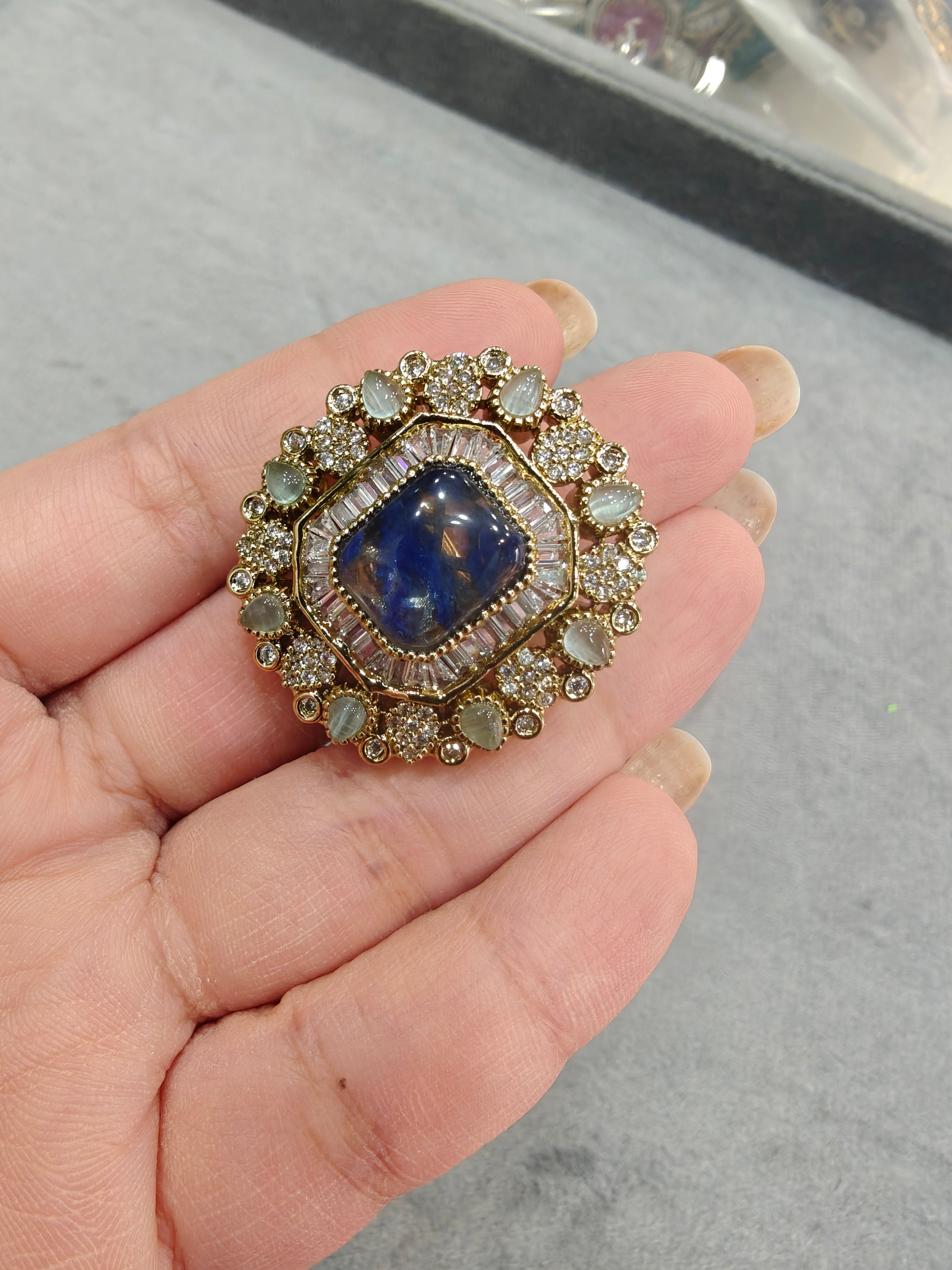Archana Sabya Inspired Gemstone Adjustable Ring- Blue Mint