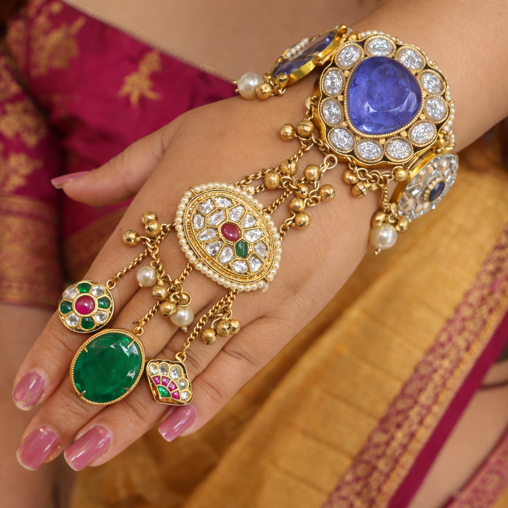 Shaheen Handcrafted Brass Fusion Hathphool- Lavender and Green