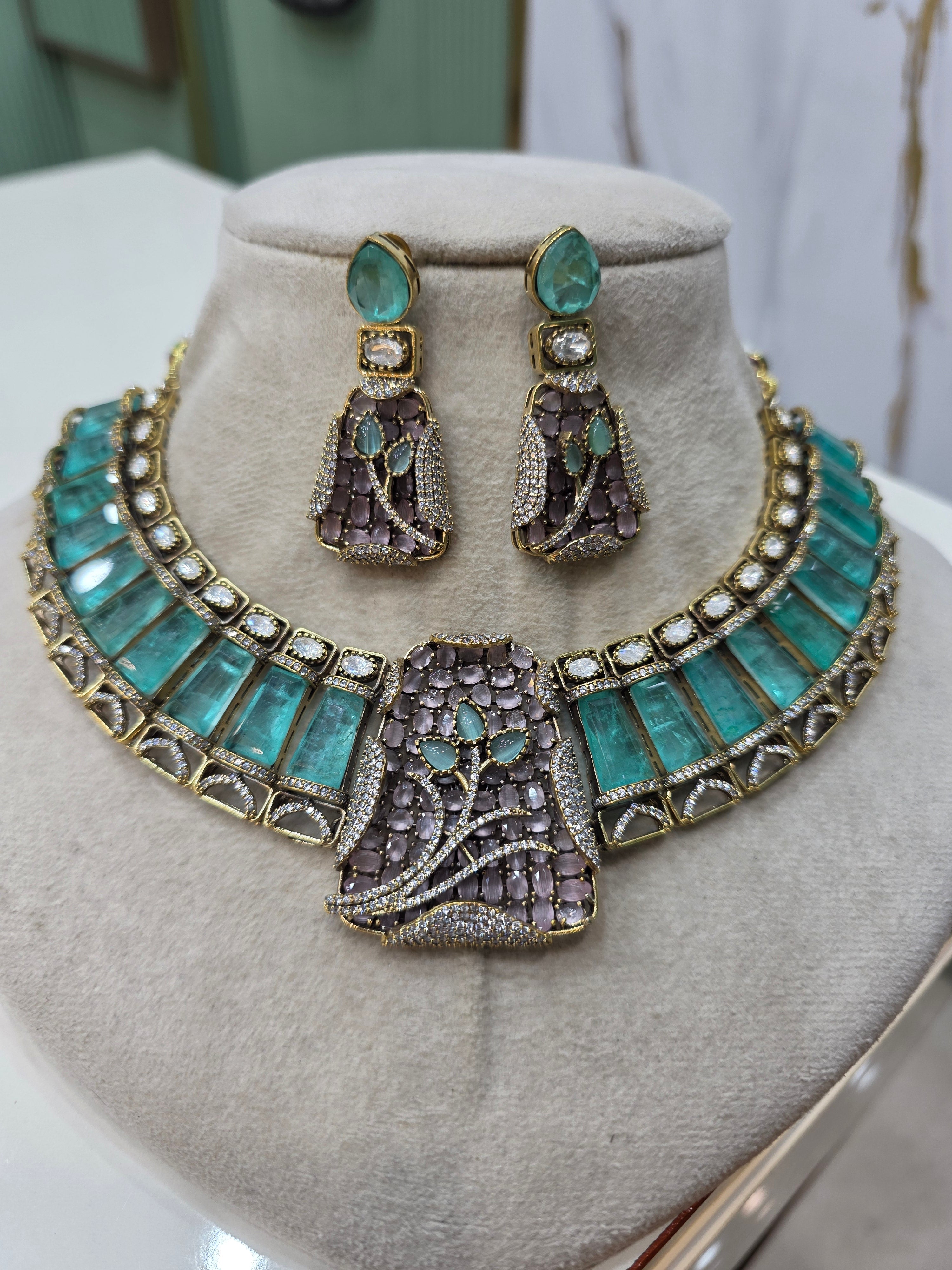 Aaina Doublet Designer Necklac3 Set- Aqua Blue and Soft Pink