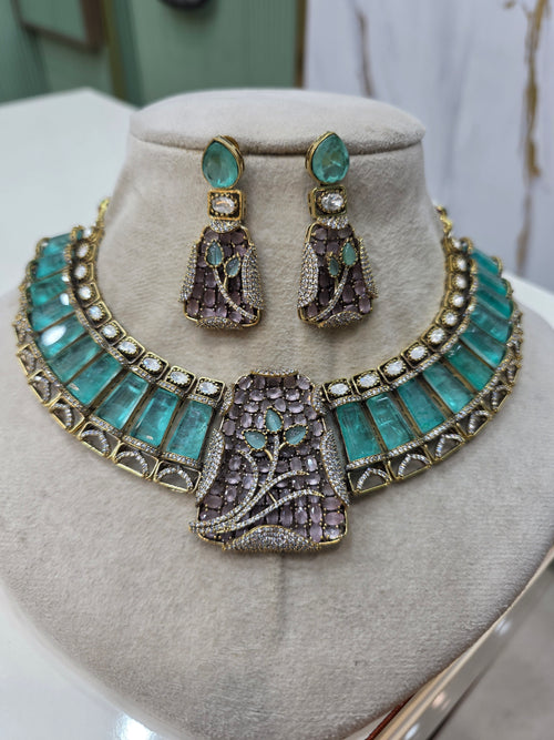 Aaina Doublet Designer Necklac3 Set- Aqua Blue and Soft Pink