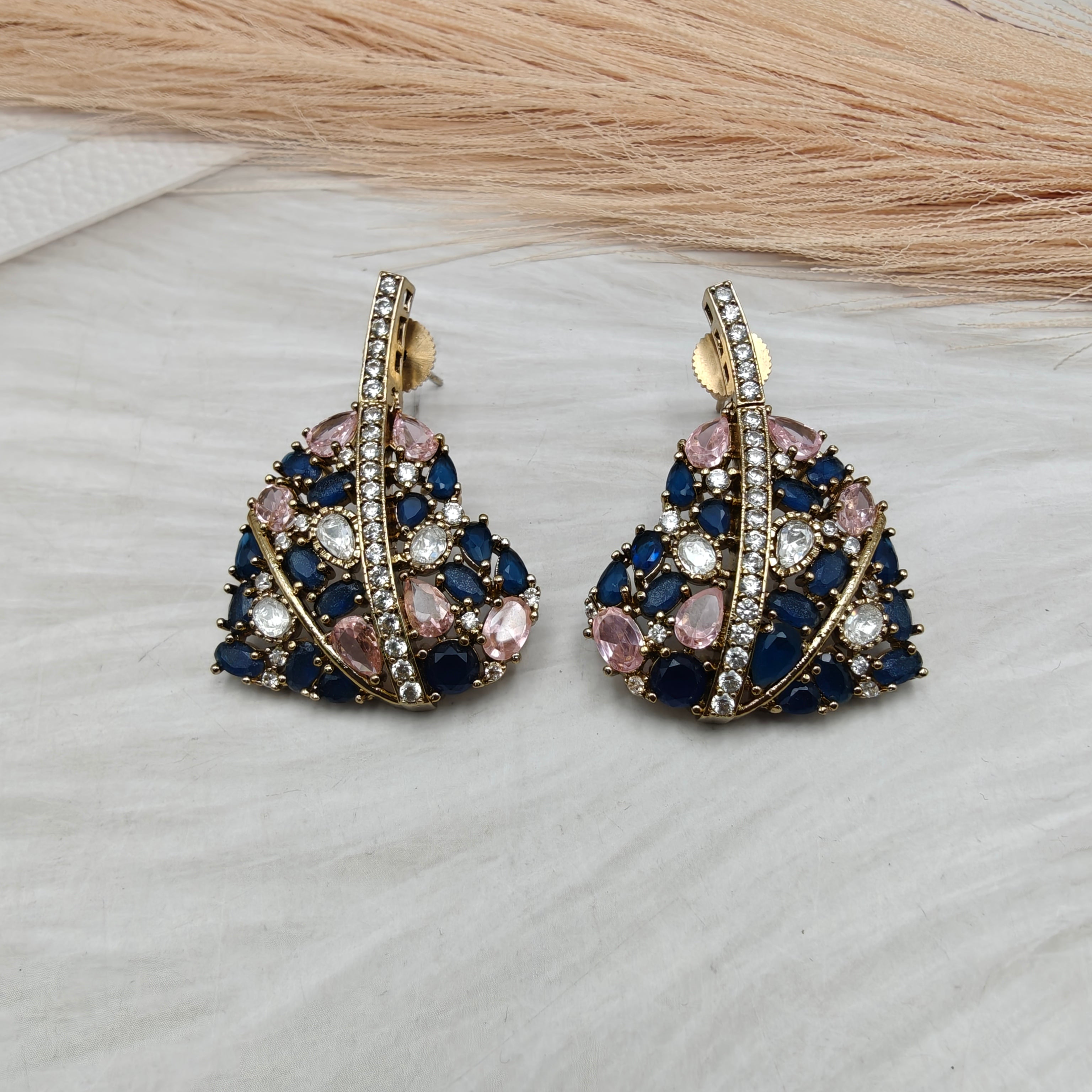 Heartleaf Pota Stone and Polki Statement Earrings -  Blue n Pink