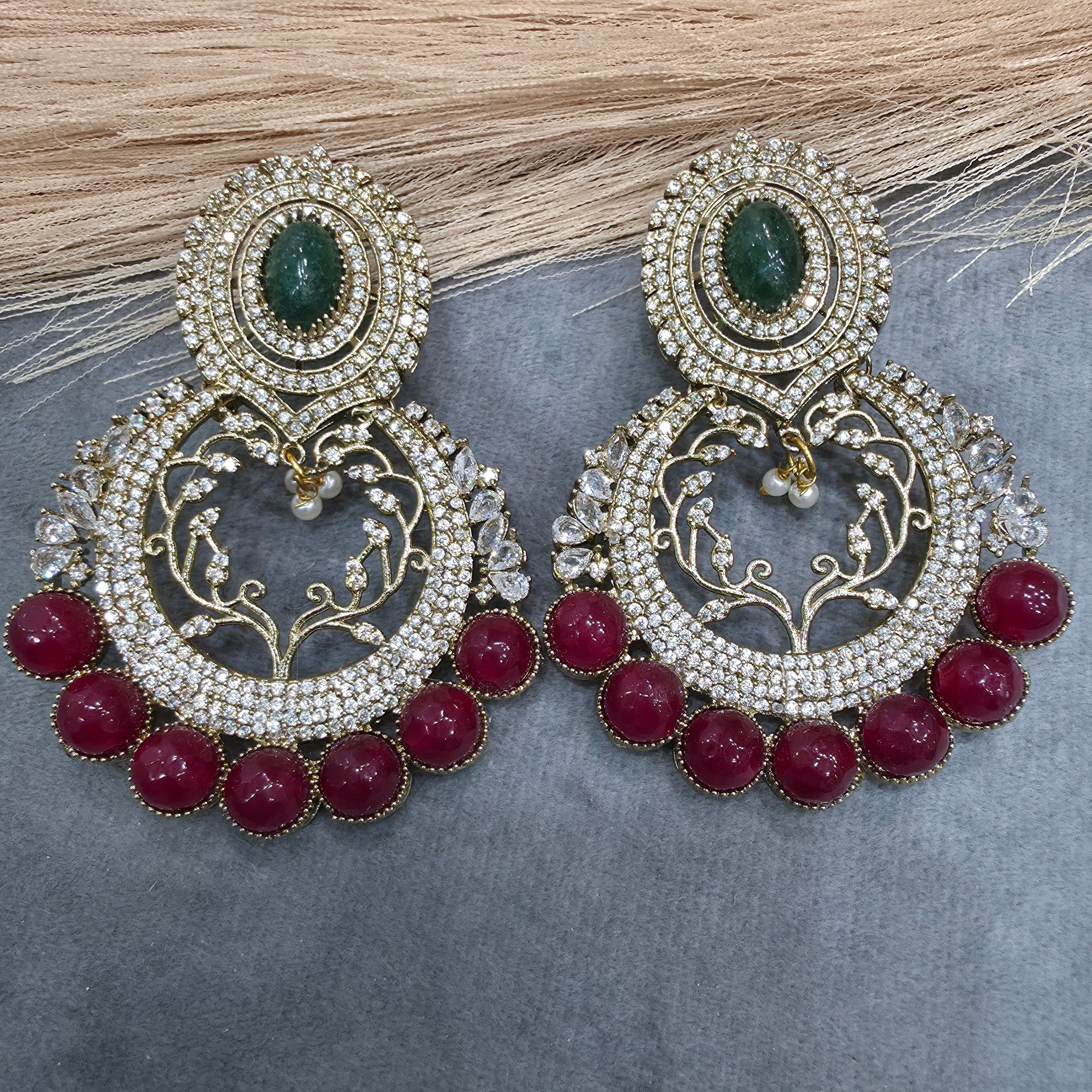 Amrita Natural Stone Chandbali- Red Green