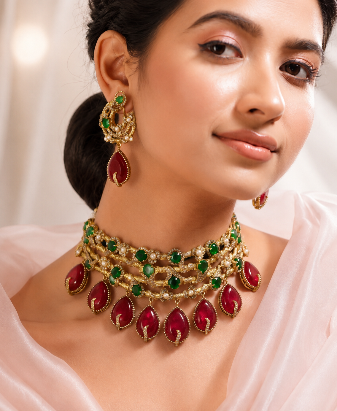 Jiya Doublet Choket Set- Red Green