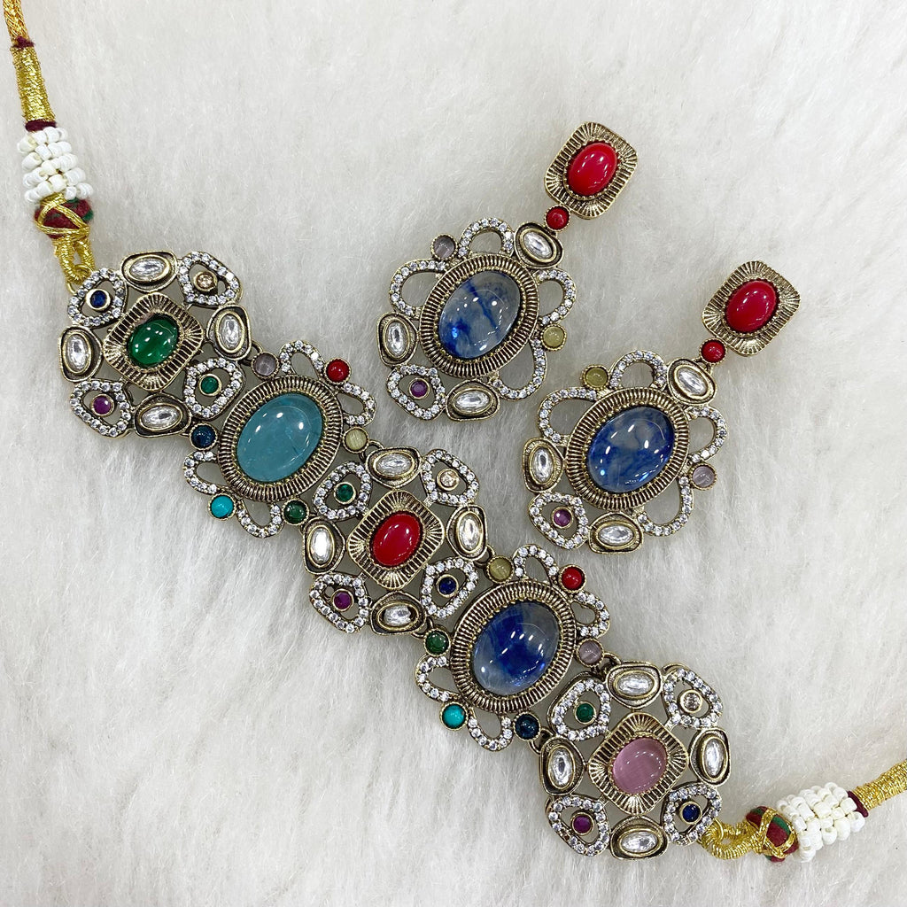 Nayab Regal Sabya Inspired choker set - Red Blue Multi