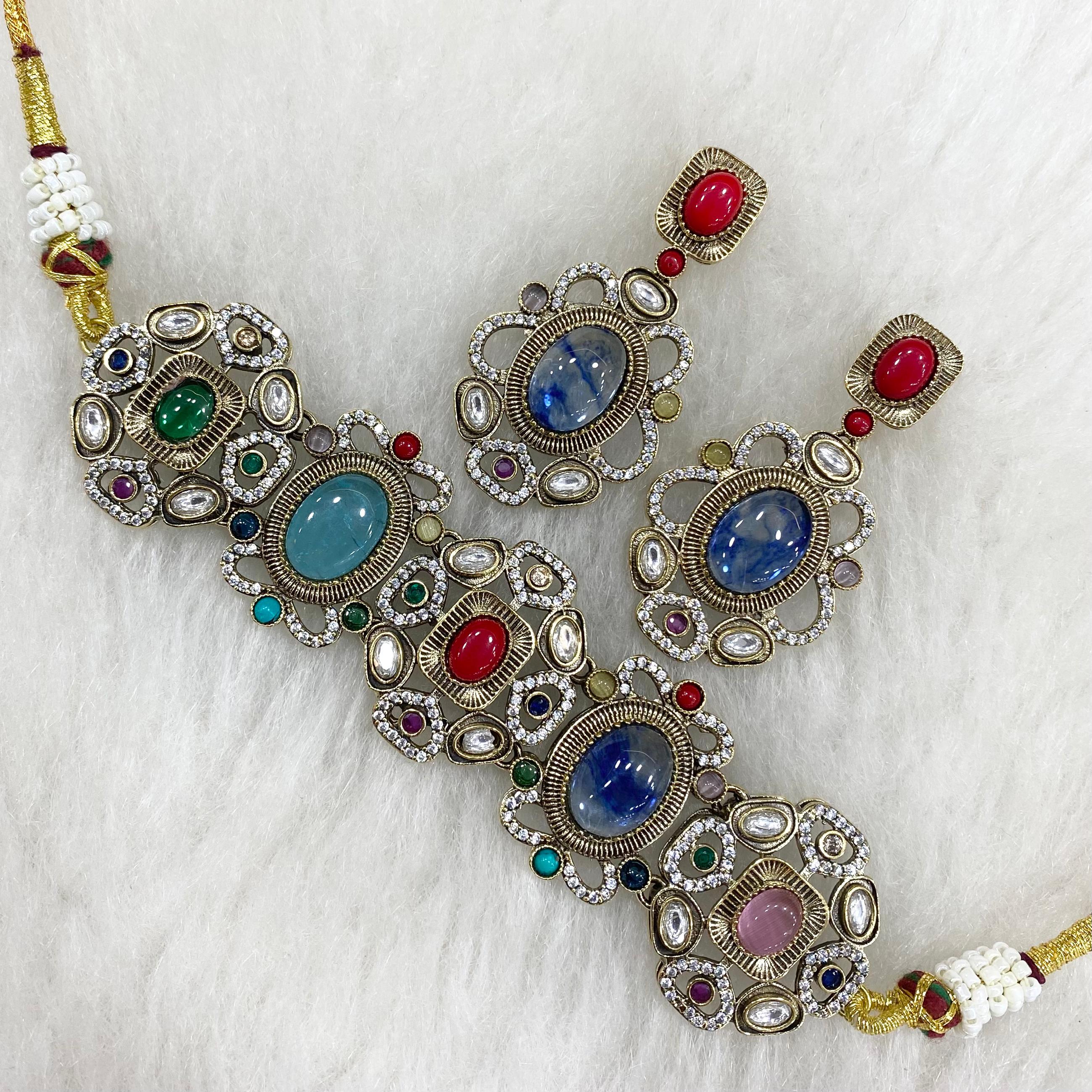 Nayab Regal Sabya Inspired choker set - Red Blue Multi