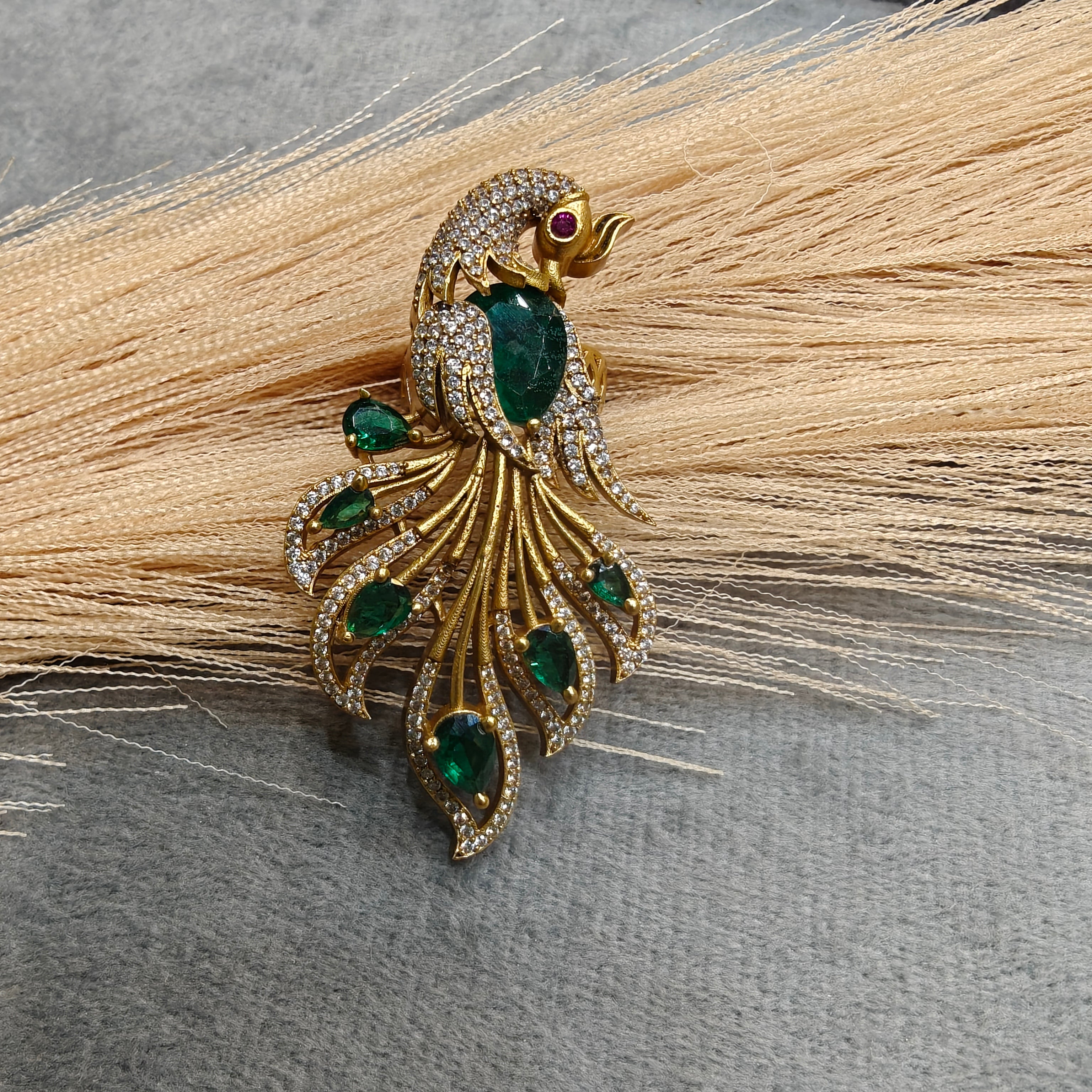 Vantara Mayura Adjustable Finger Ring- Emerald