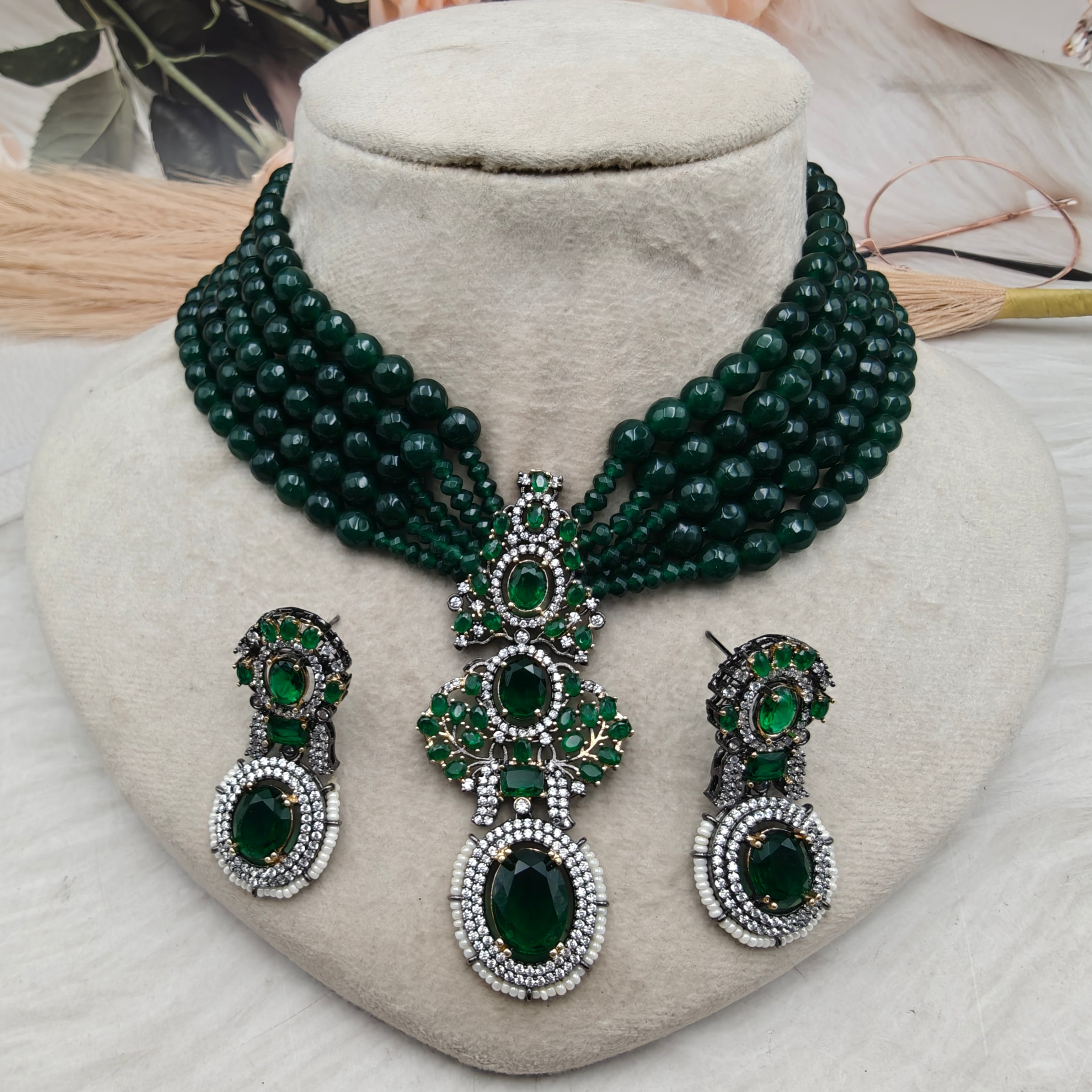 Madhuri Sabyasachi Inspired Emerald Onyx Choker Necklace Set