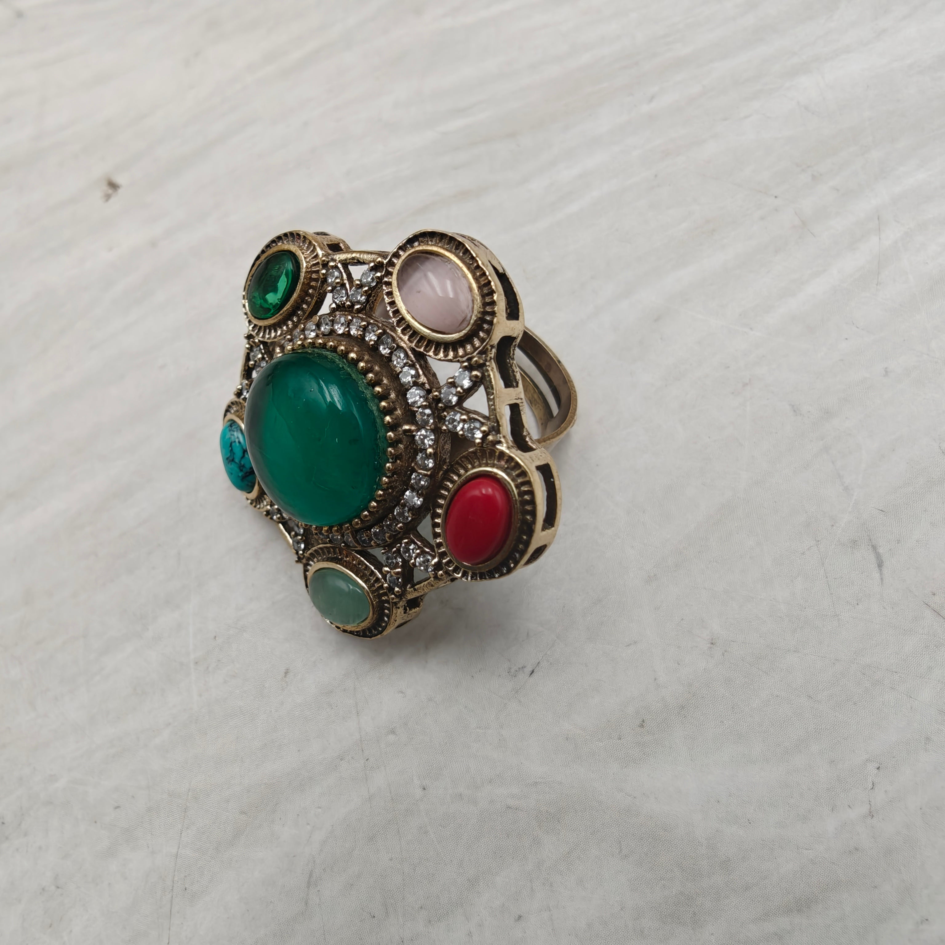 Nazni Inspired Multi Stone Adjustable Ring-Emerald Green Multi