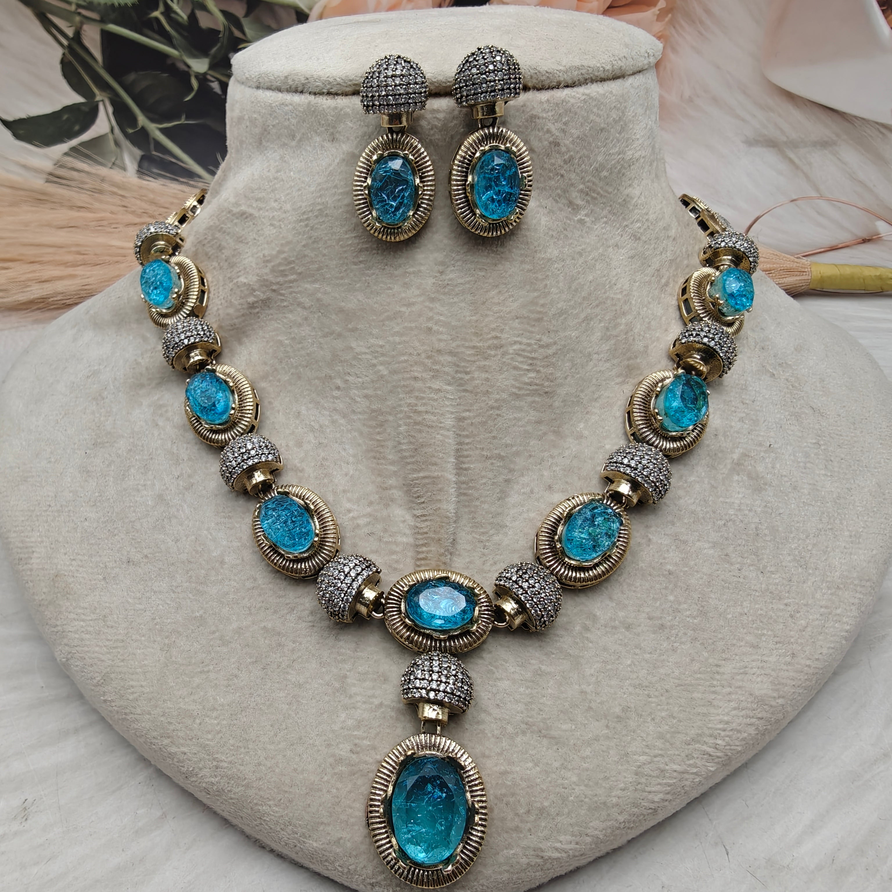 Shailaja Quartz Doublet Necklace Set- Turquoise