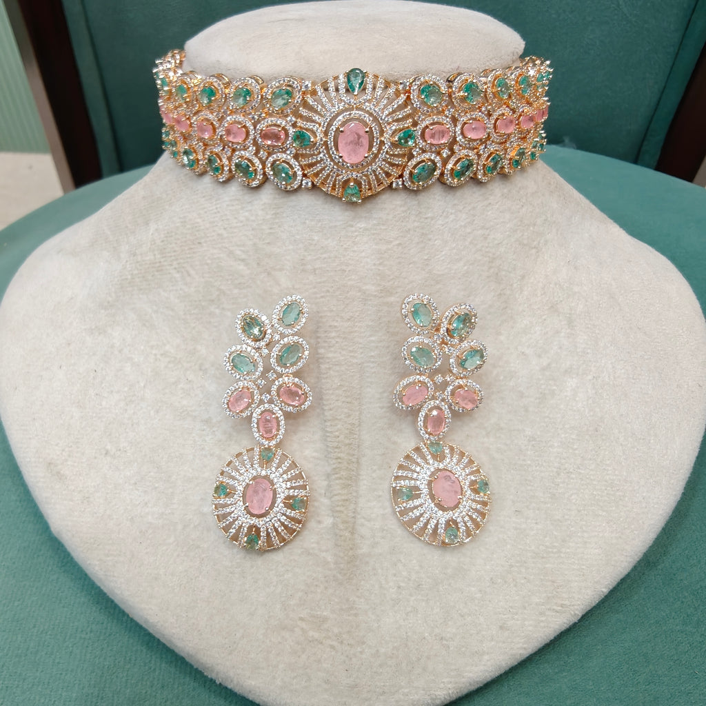 Radhya Premium Russian Doublet Choker Set- Morganite Pink and Mint