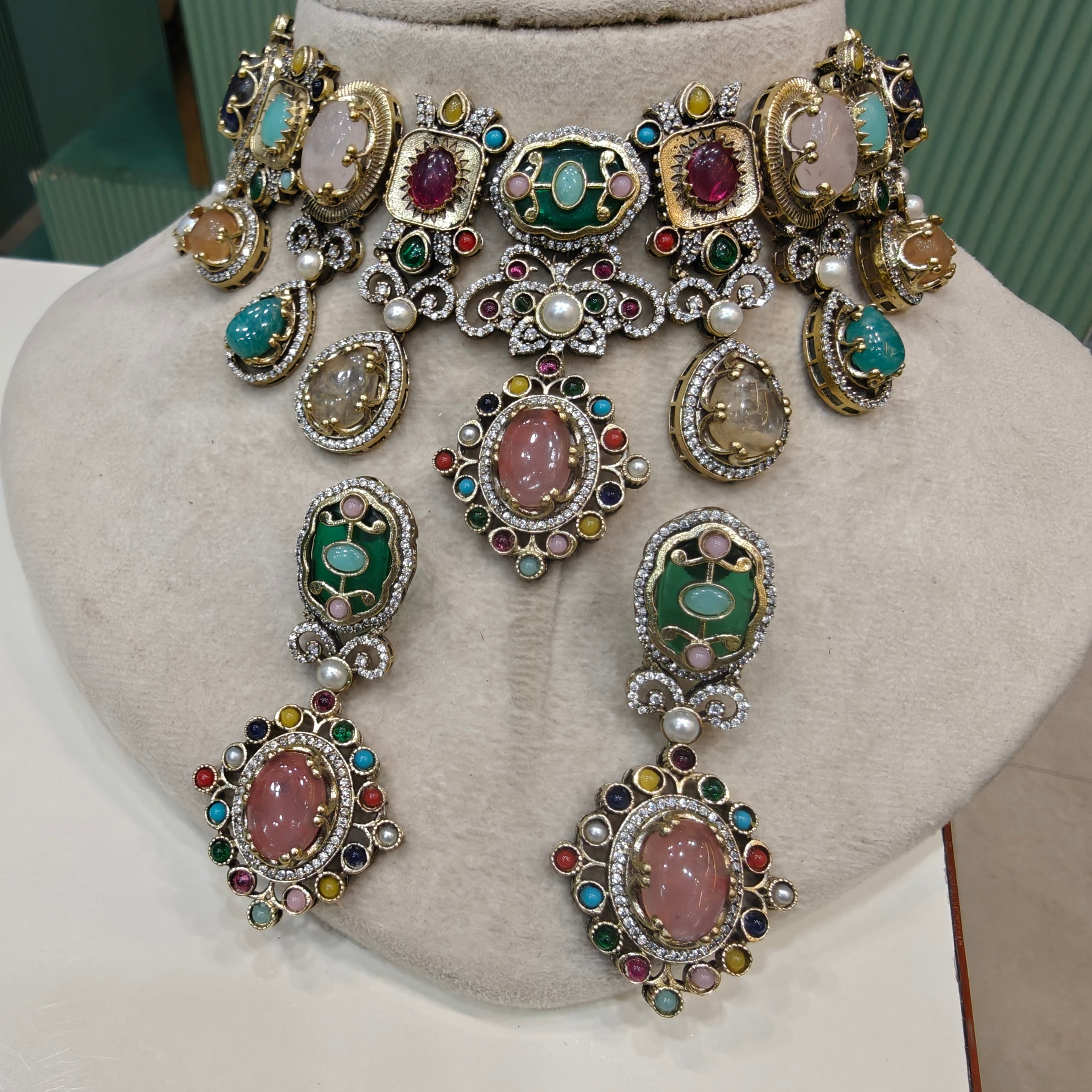 Rangbarat Sabya inspired Multi Gemstone Necklace Set- Coral Green Multi
