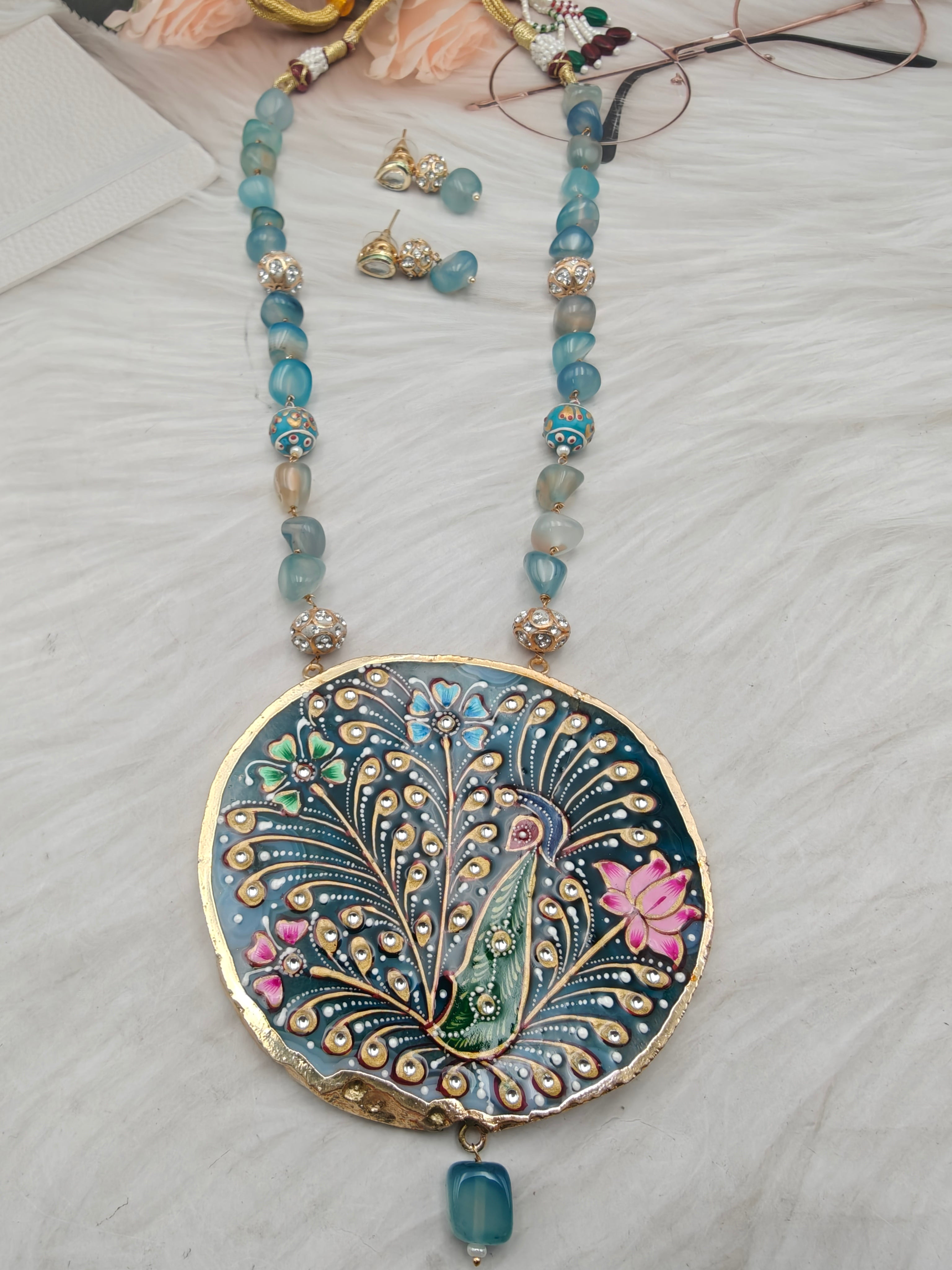 Tanjore Natural Stone Necklace Set - Aqua Peacock Blue