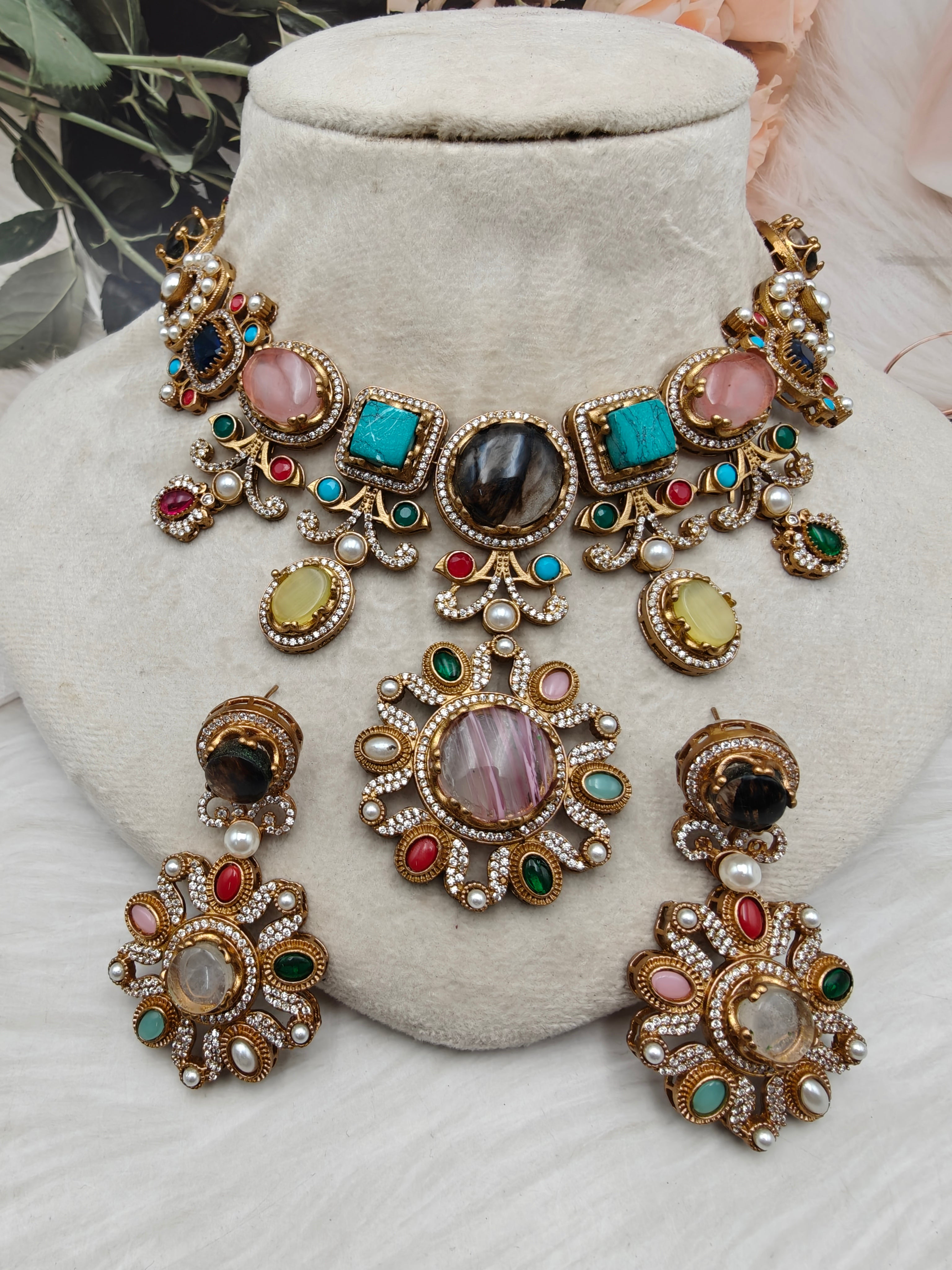 Sabyasachi Inspired Suchitra Natural Stones Necklace Set - Multi
