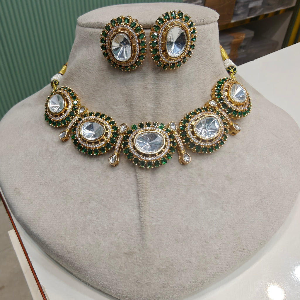 Anuja Uncut Polki Necklace Set- Green