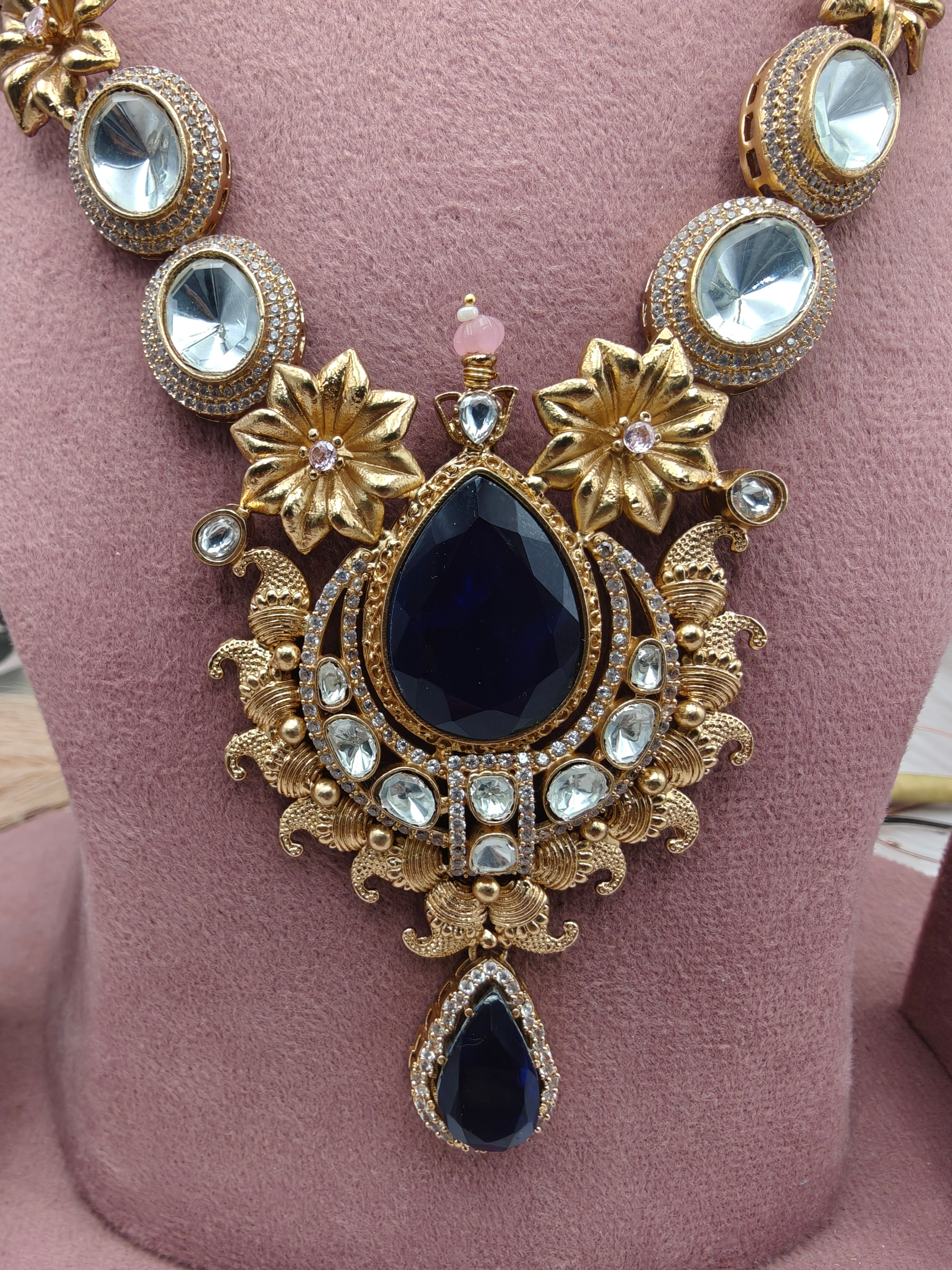 Kashish Uncut Moissanite Polki Doublet Necklace Set - Blue