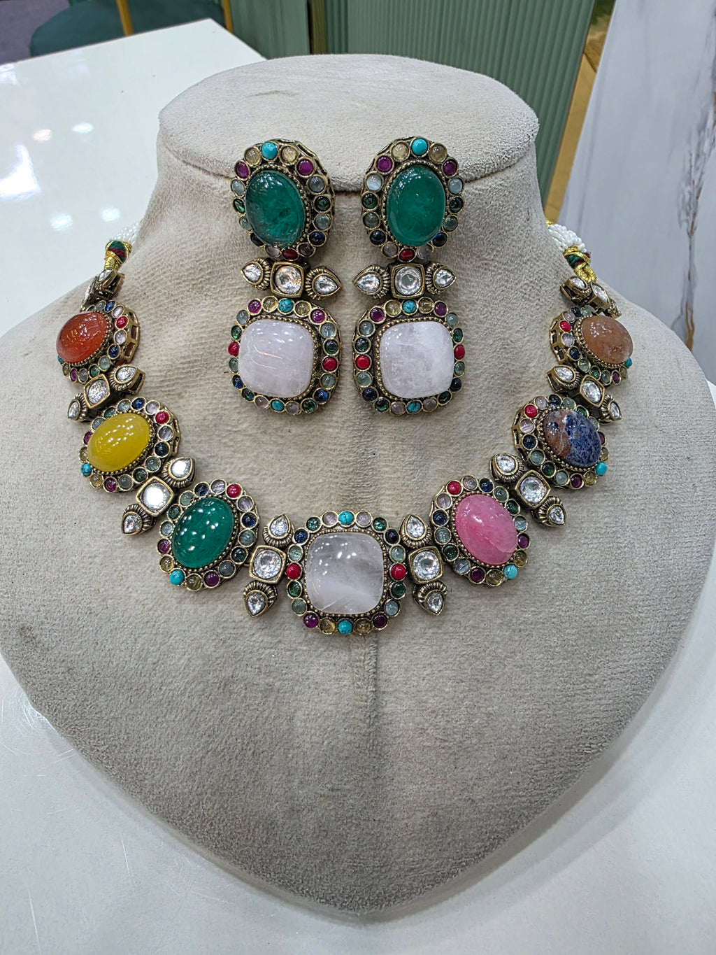 Meherza Quartz Doublet Sabya Inspired Choker Necklace Set- Rose Quartz Multi