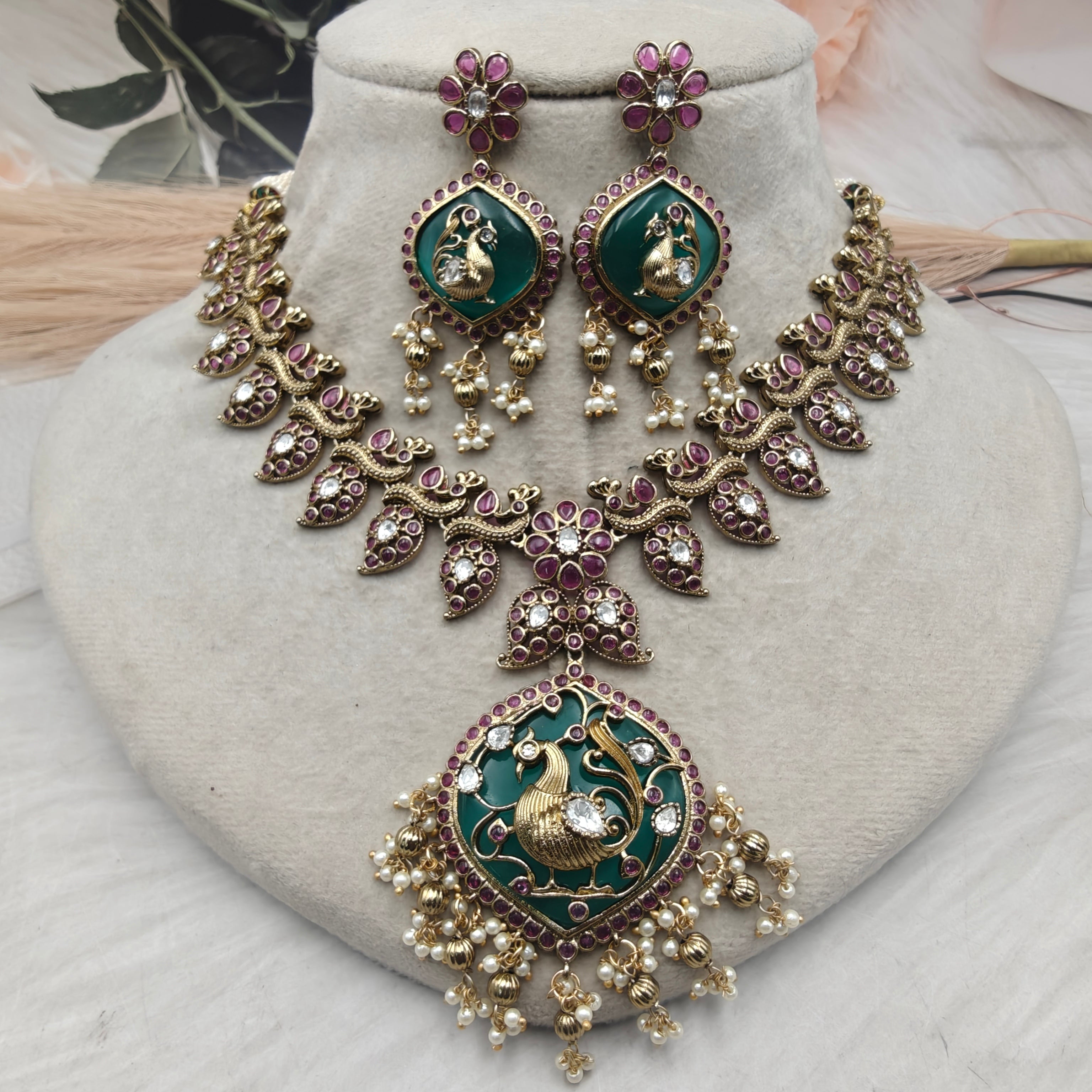 Shreenika Mayura Heritage Necklace Set- Green and Ruby