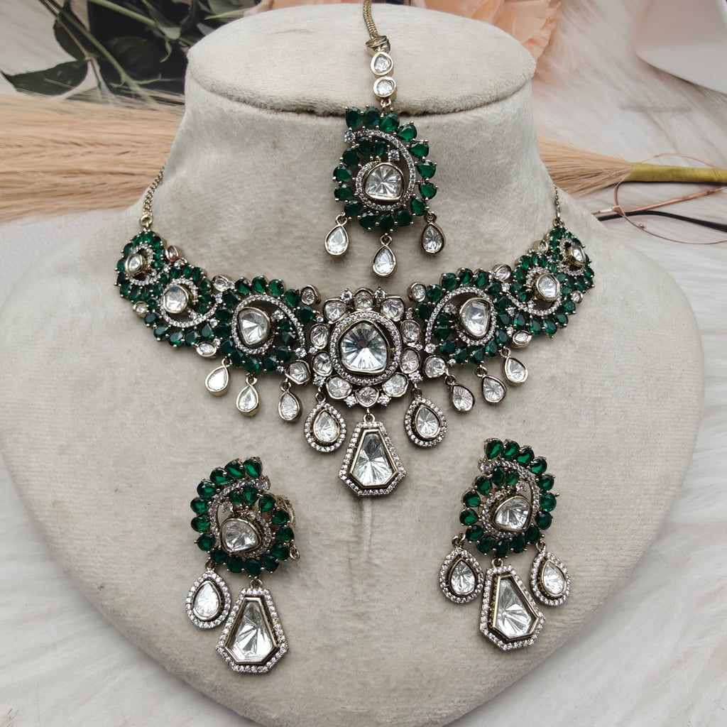 Abhilasha Uncut Moissanite Polki Premium Necklace Set - Green