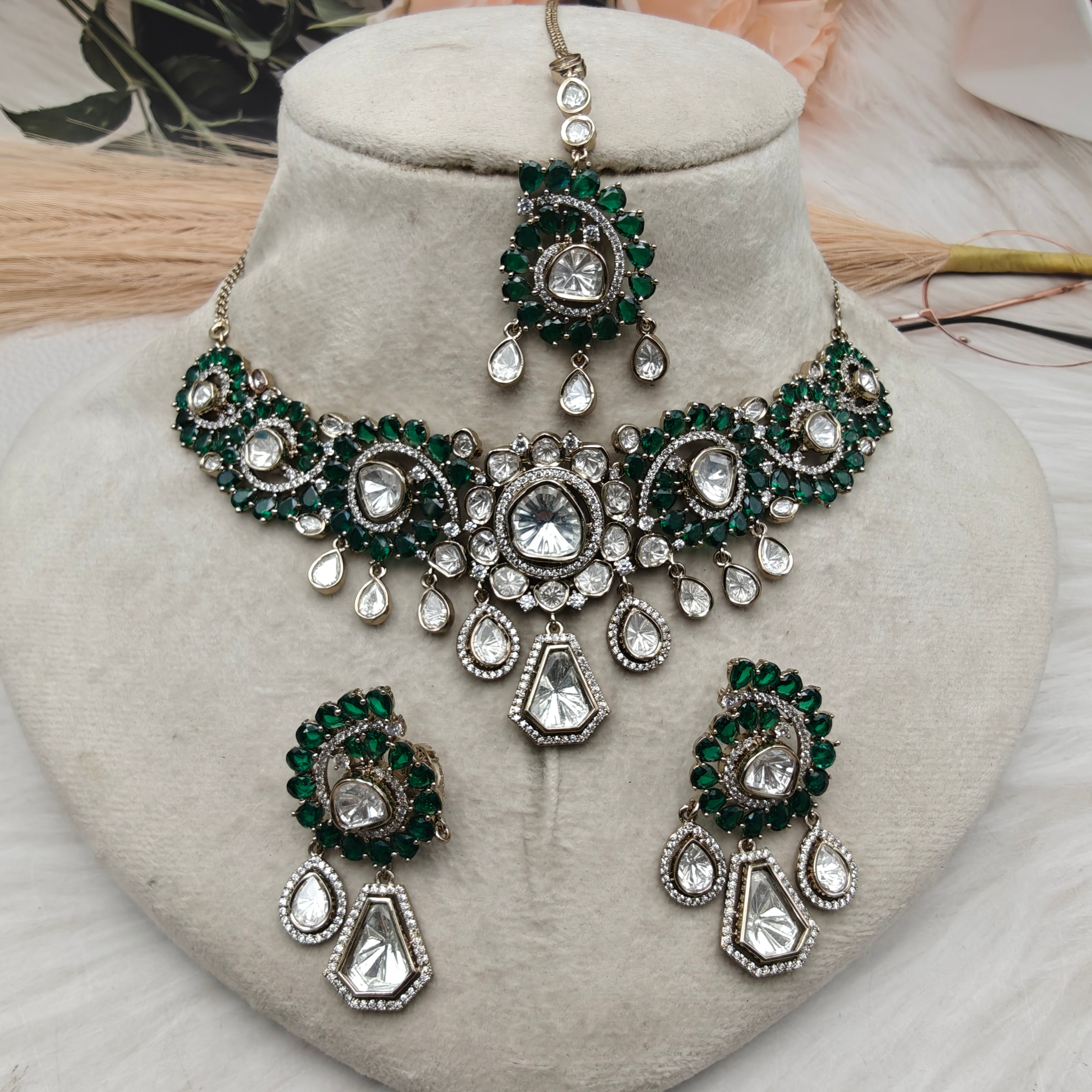 Abhilasha Uncut Moissanite Polki Premium Necklace Set - Green