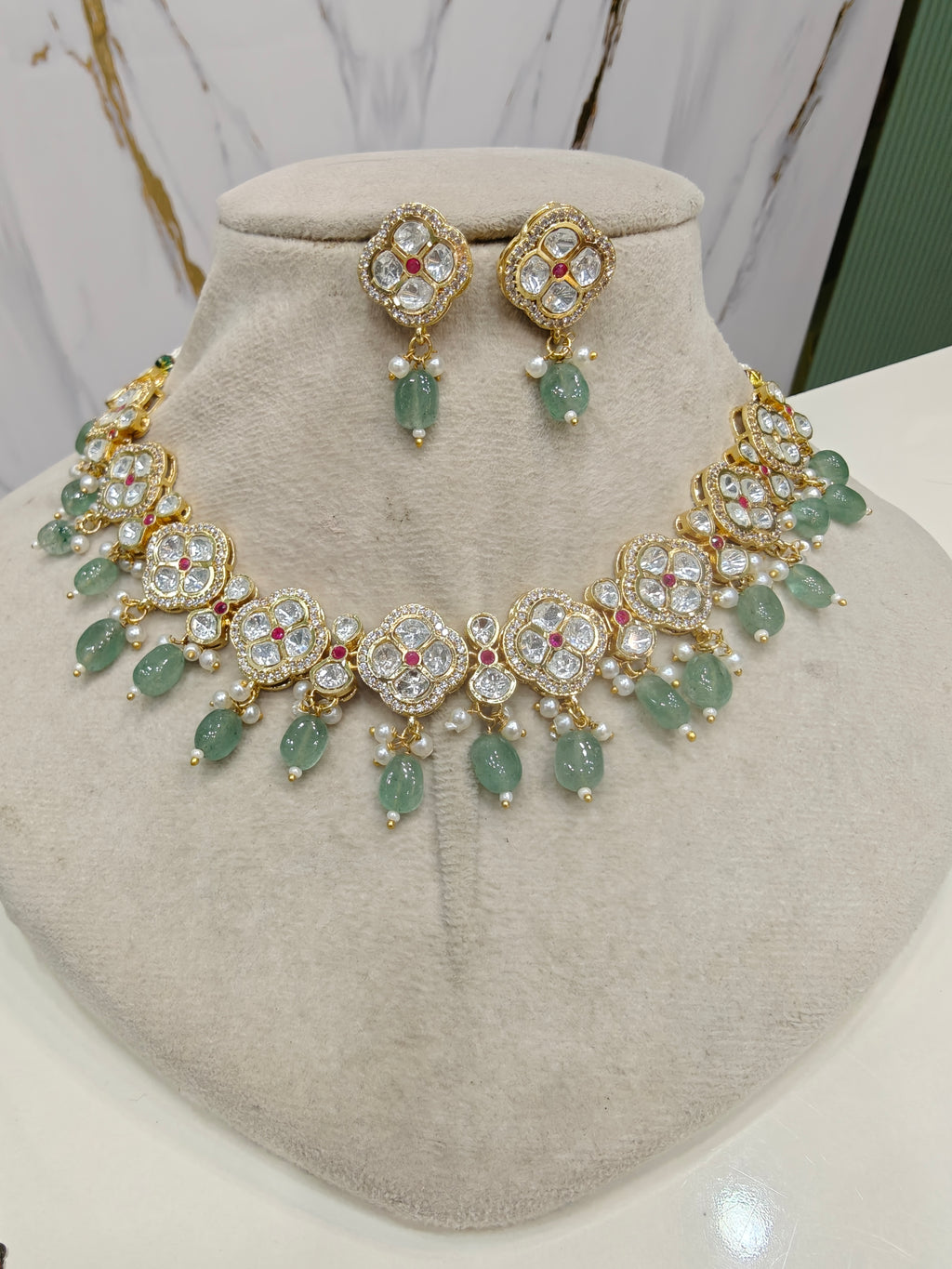 Anvesha Tyani Kundan Necklace Set- Mint Green
