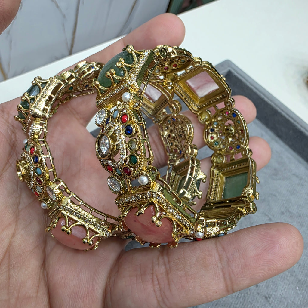 Chavi Sabya Inspired Gemstone Openable Bangles - Green and Coral
