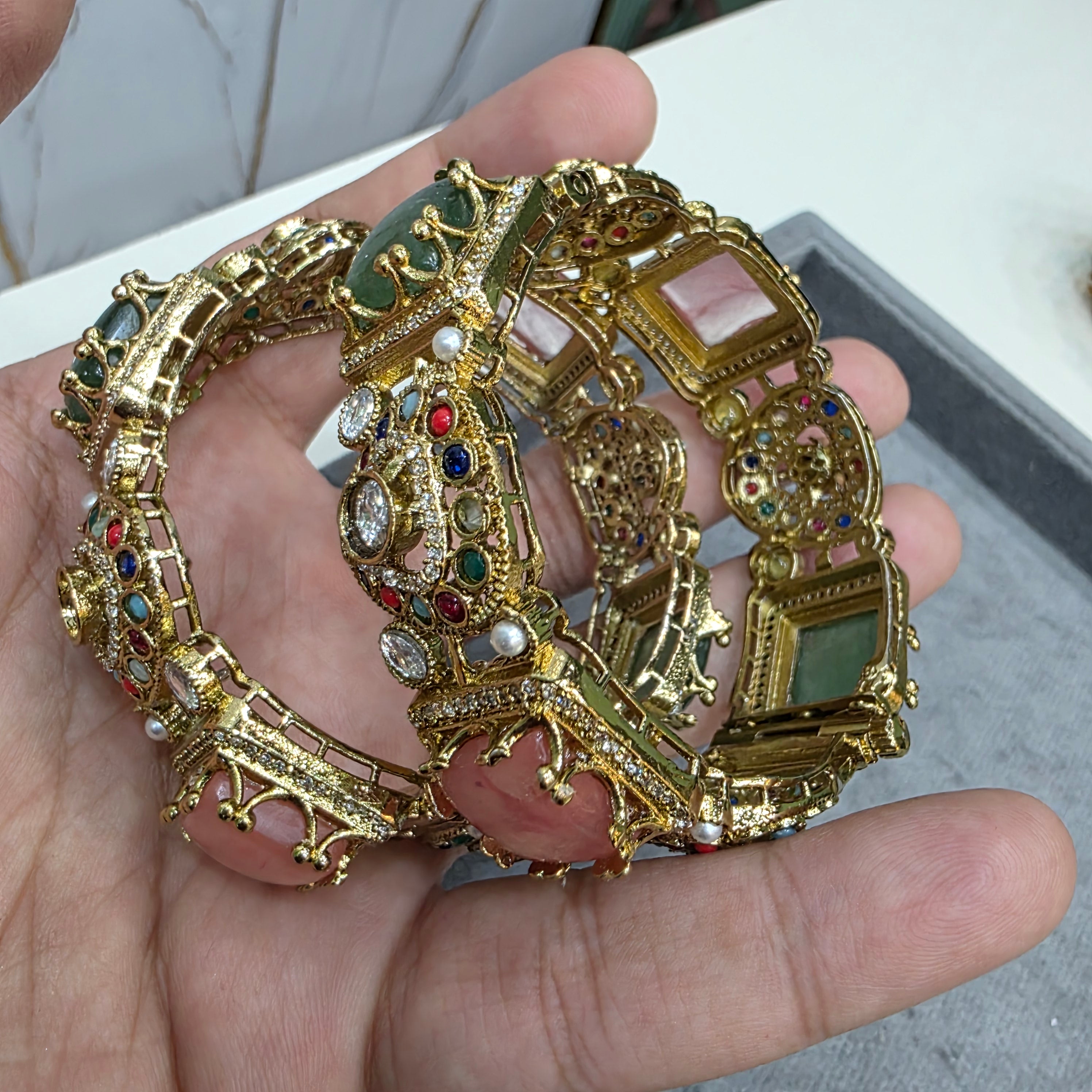 Chavi Sabya Inspired Gemstone Openable Bangles - Green and Coral