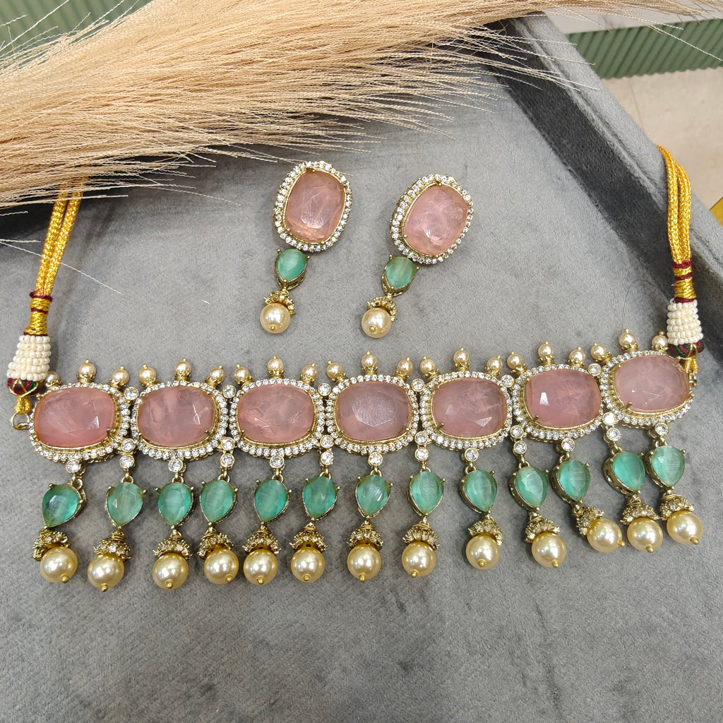 Dua Deepika Inspired Statement Choker Set- Pink Mint