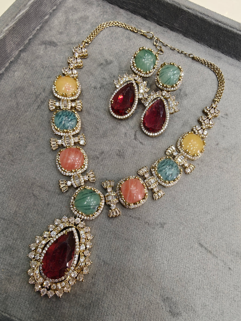 Sabyasachi Inspired Premium Statement Vajra Necklace Set- Ruby Multi